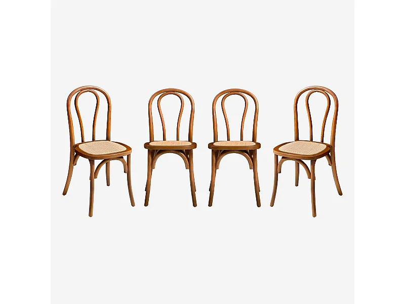 Set di 4 sedie vintage in legno e rattan, effetto noce