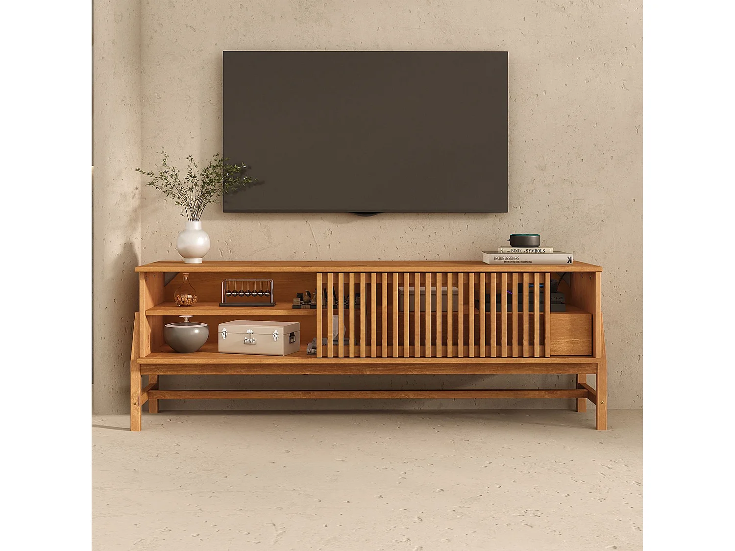 Meuble TV ADAMO L 145 cm en Bois Massif Couleur Chêne avec 1 Porte Coulissante, 1 Tiroir, pour TV jusqu'à 165 cm (65")