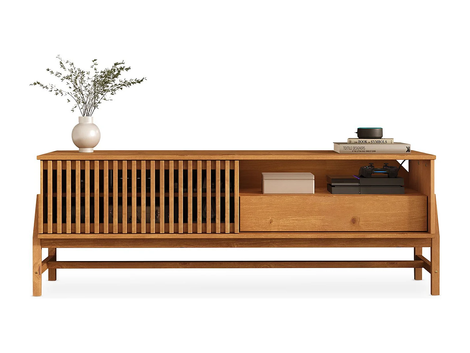 Meuble TV ADAMO L 145 cm en Bois Massif Couleur Chêne avec 1 Porte Coulissante, 1 Tiroir, pour TV jusqu'à 165 cm (65")