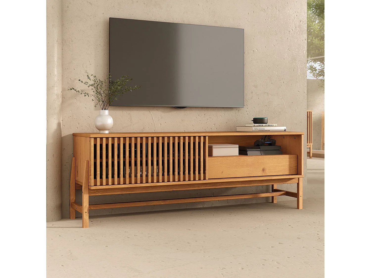 Meuble TV ADAMO L 145 cm en Bois Massif Couleur Chêne avec 1 Porte Coulissante, 1 Tiroir, pour TV jusqu'à 165 cm (65")