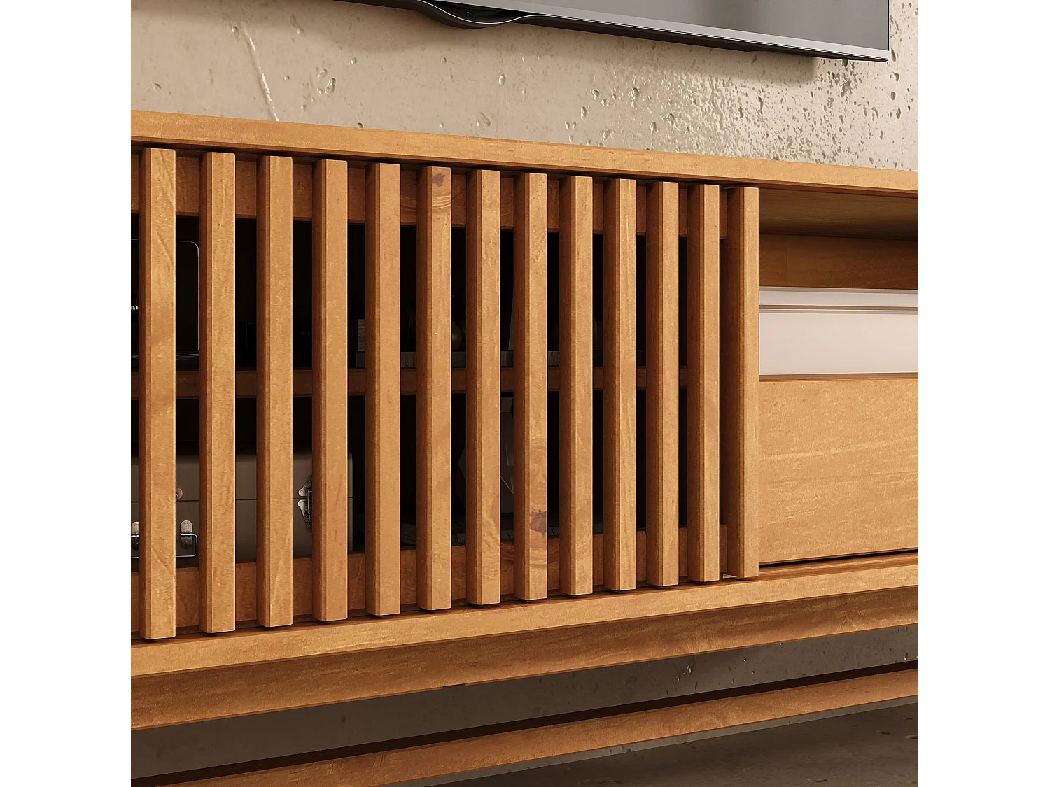 Meuble TV ADAMO L 145 cm en Bois Massif Couleur Chêne avec 1 Porte Coulissante, 1 Tiroir, pour TV jusqu'à 165 cm (65")