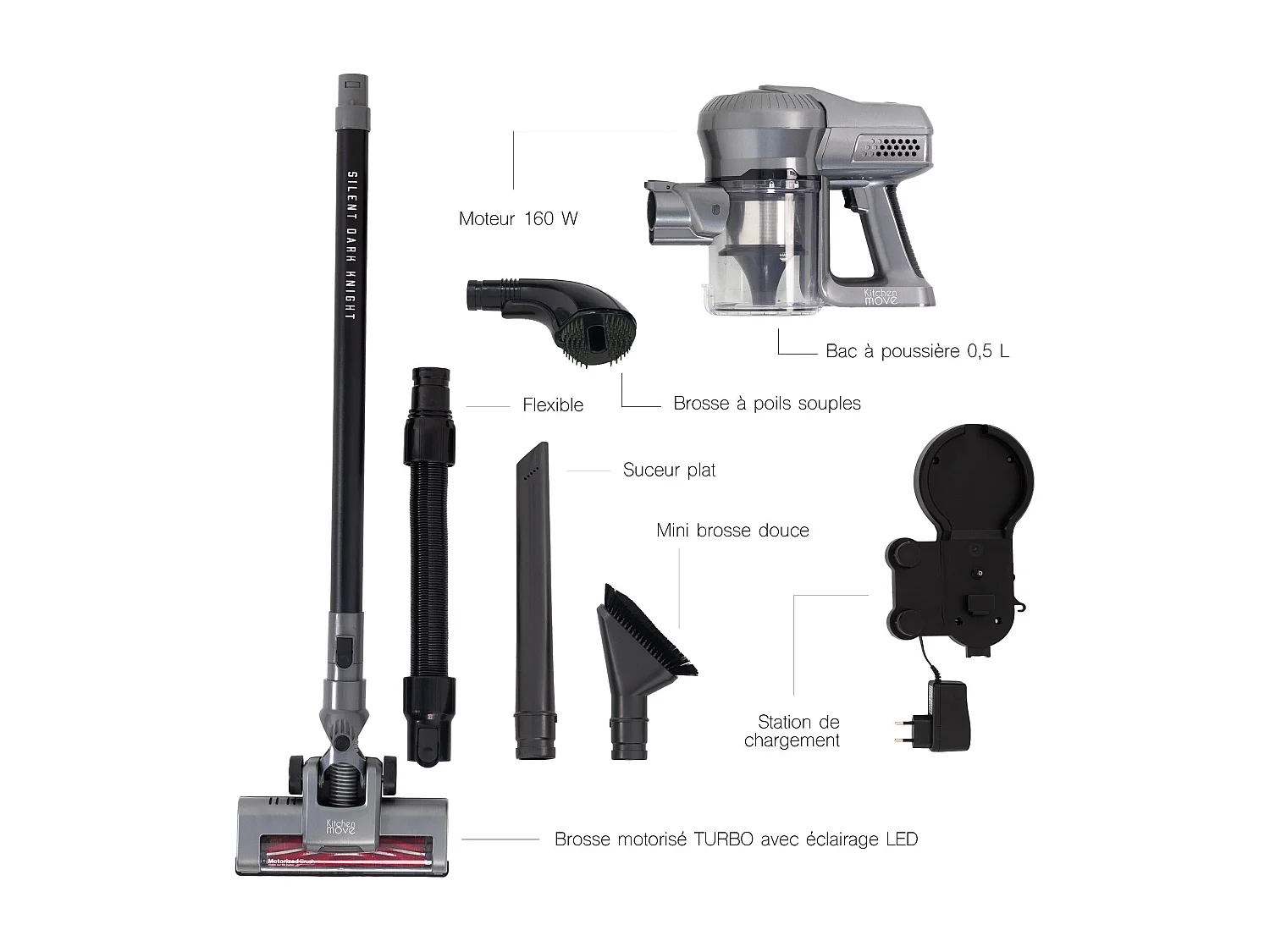 Aspirateur balai animaux SILENT Noir Aluminium 160W