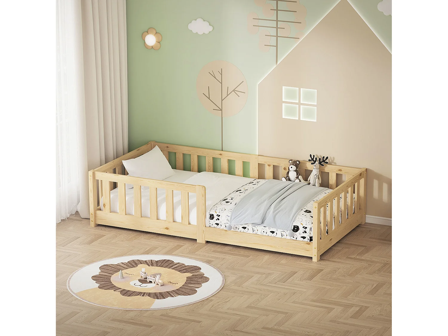 ML-Design Letto per bambini e bambine 80x160 cm, naturale, in legno di pino, con protezione anticaduta, giroletto a terra per bimbi, lettino basso