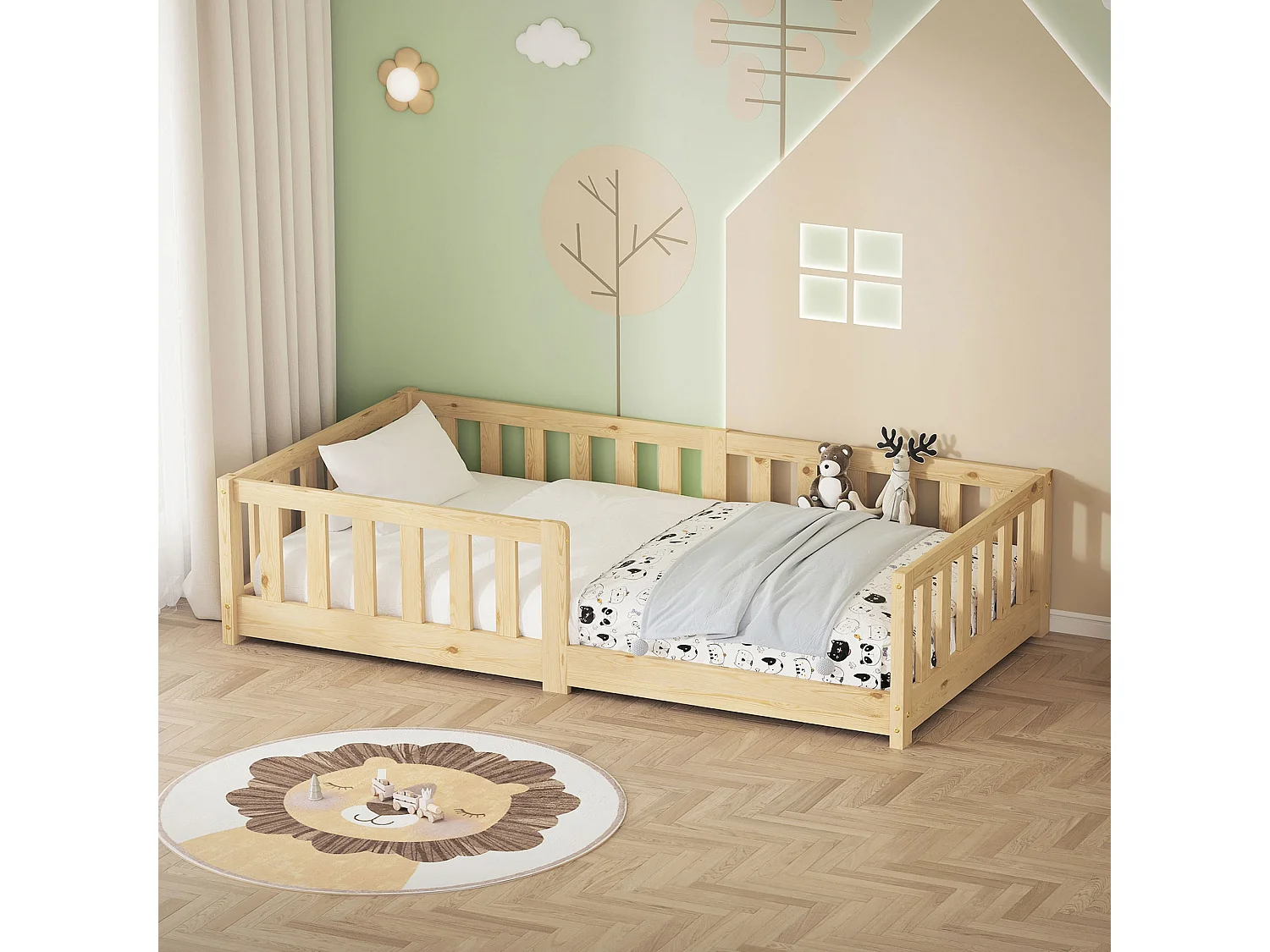 ML-Design Letto per bambini e bambine 80x160 cm, naturale, in legno di pino, con protezione anticaduta, giroletto a terra per bimbi, lettino basso