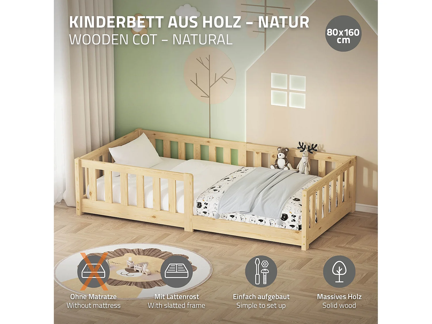 ML-Design Letto per bambini e bambine 80x160 cm, naturale, in legno di pino, con protezione anticaduta, giroletto a terra per bimbi, lettino basso