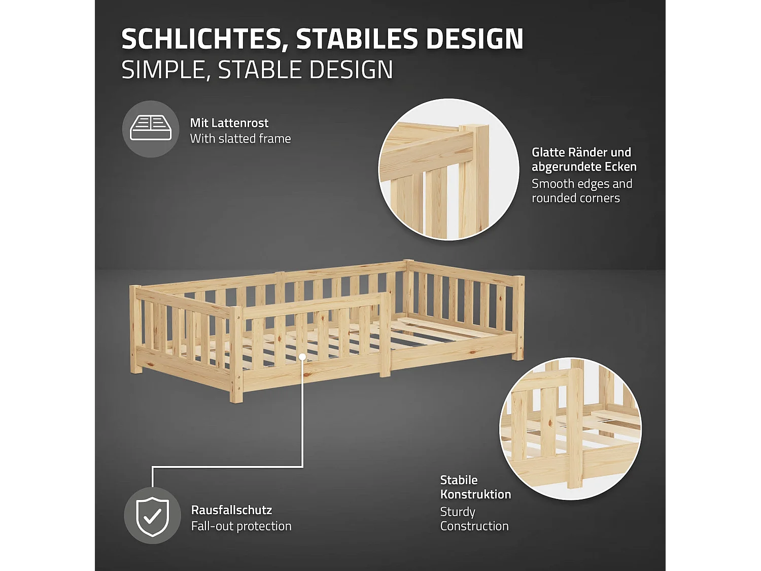 ML-Design Letto per bambini e bambine 80x160 cm, naturale, in legno di pino, con protezione anticaduta, giroletto a terra per bimbi, lettino basso