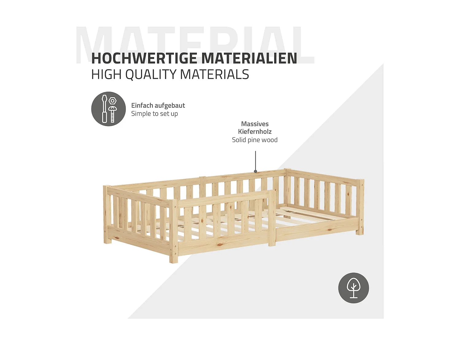 ML-Design Letto per bambini e bambine 80x160 cm, naturale, in legno di pino, con protezione anticaduta, giroletto a terra per bimbi, lettino basso