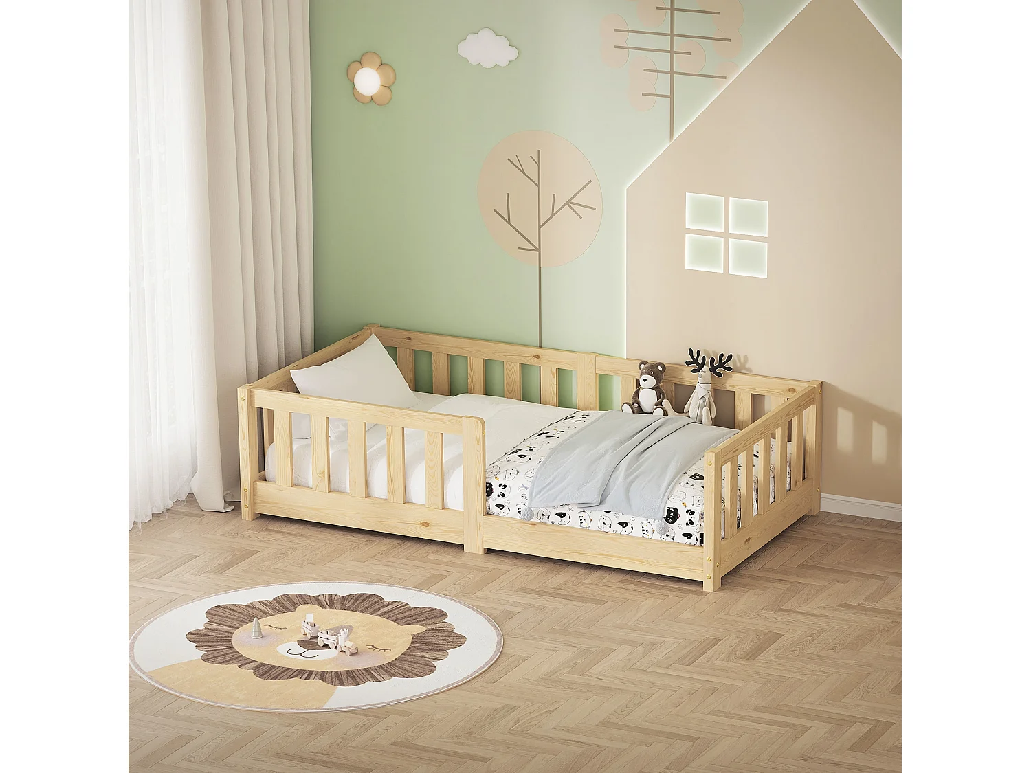 ML-Design Letto per bambini e bambine 70x140 cm, naturale, in legno di pino, con protezione anticaduta, giroletto a terra per bimbi, lettino basso