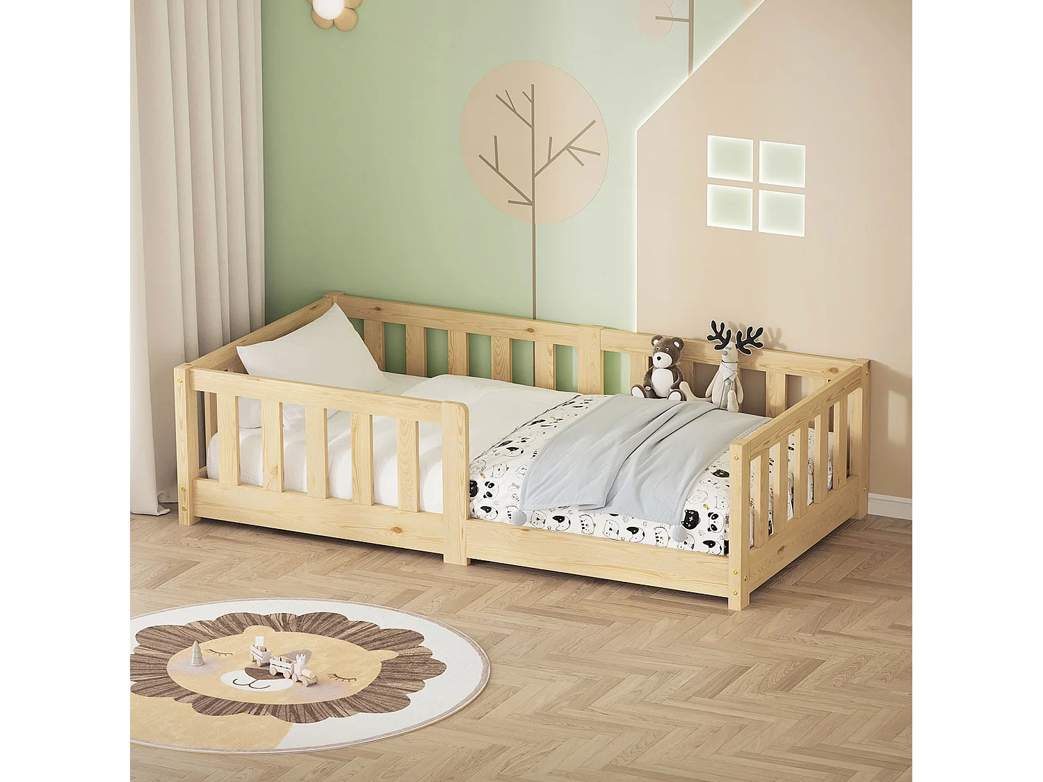 ML-Design Letto per bambini e bambine 70x140 cm, naturale, in legno di pino, con protezione anticaduta, giroletto a terra per bimbi, lettino basso