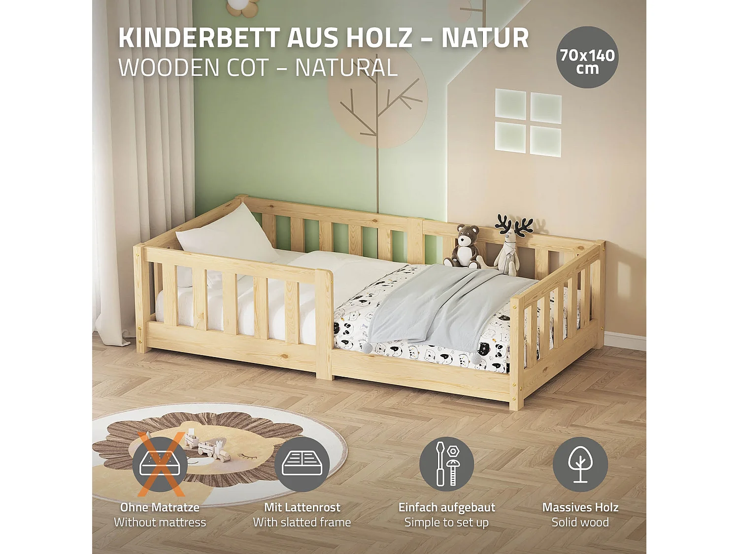 ML-Design Letto per bambini e bambine 70x140 cm, naturale, in legno di pino, con protezione anticaduta, giroletto a terra per bimbi, lettino basso
