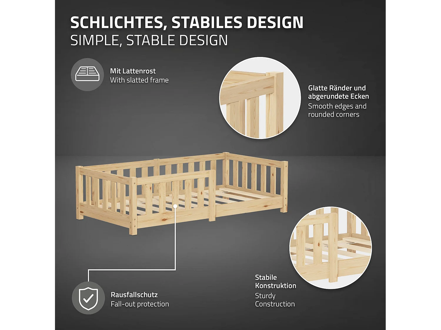 ML-Design Letto per bambini e bambine 70x140 cm, naturale, in legno di pino, con protezione anticaduta, giroletto a terra per bimbi, lettino basso