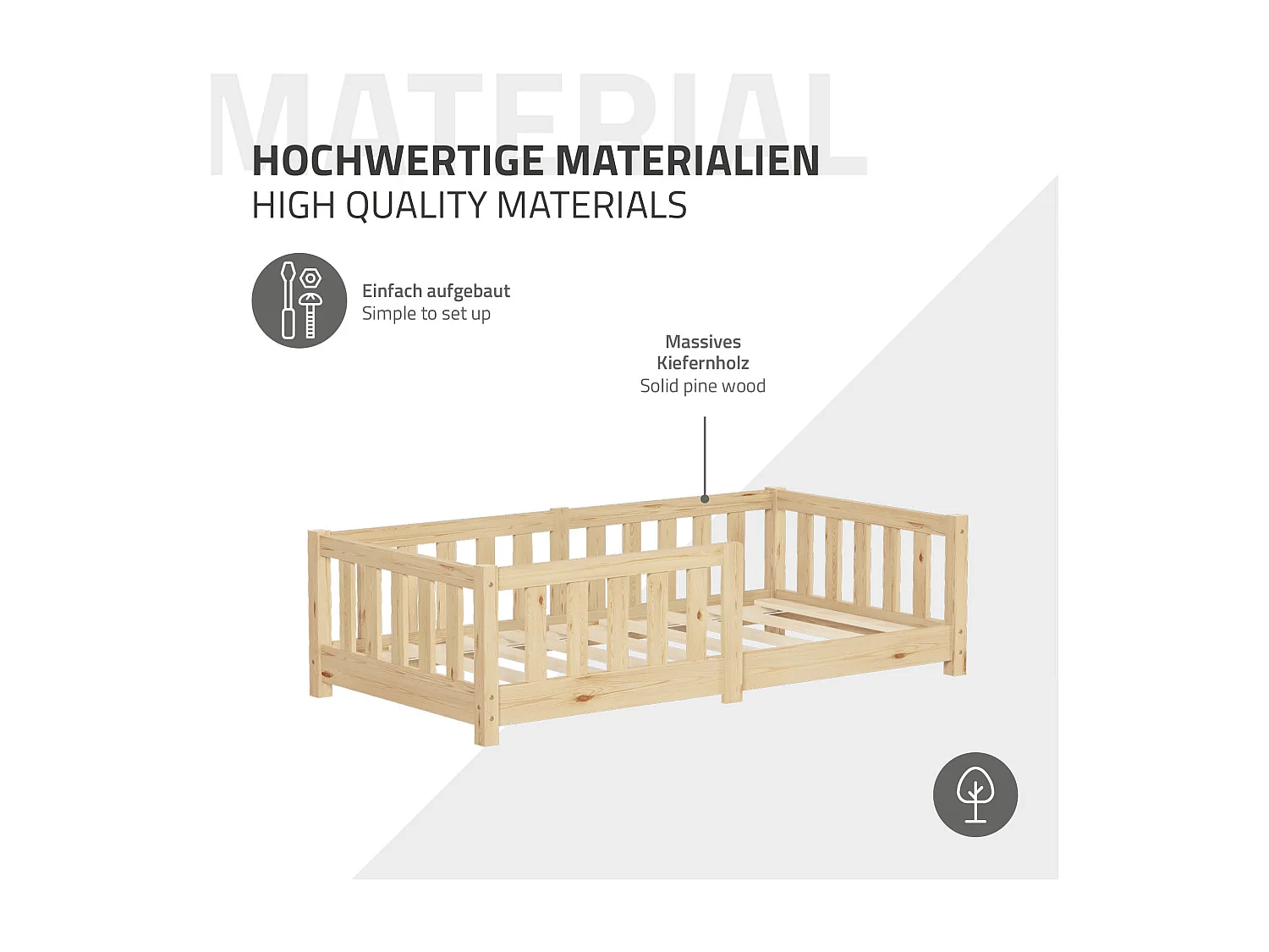 ML-Design Letto per bambini e bambine 70x140 cm, naturale, in legno di pino, con protezione anticaduta, giroletto a terra per bimbi, lettino basso