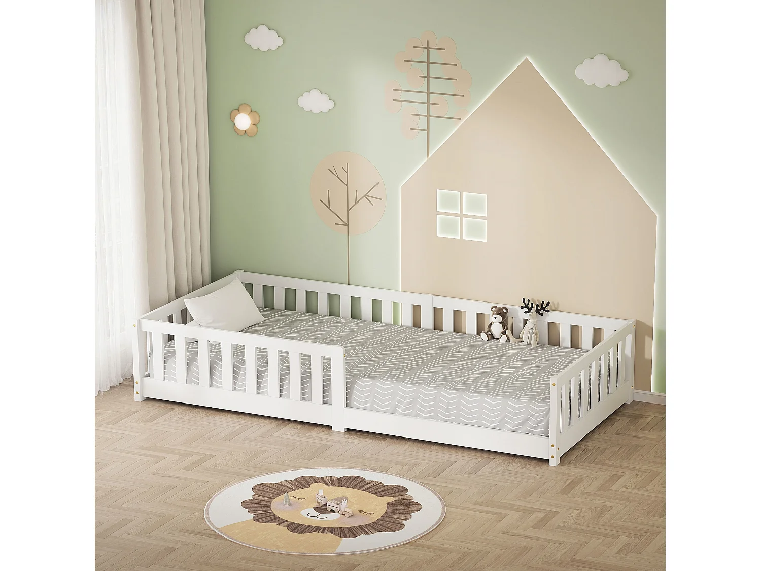 ML-Design Letto per bambini e bambine 90x200 cm, bianco, in legno di pino, con protezione anticaduta, giroletto a terra per ragazzi, lettino basso