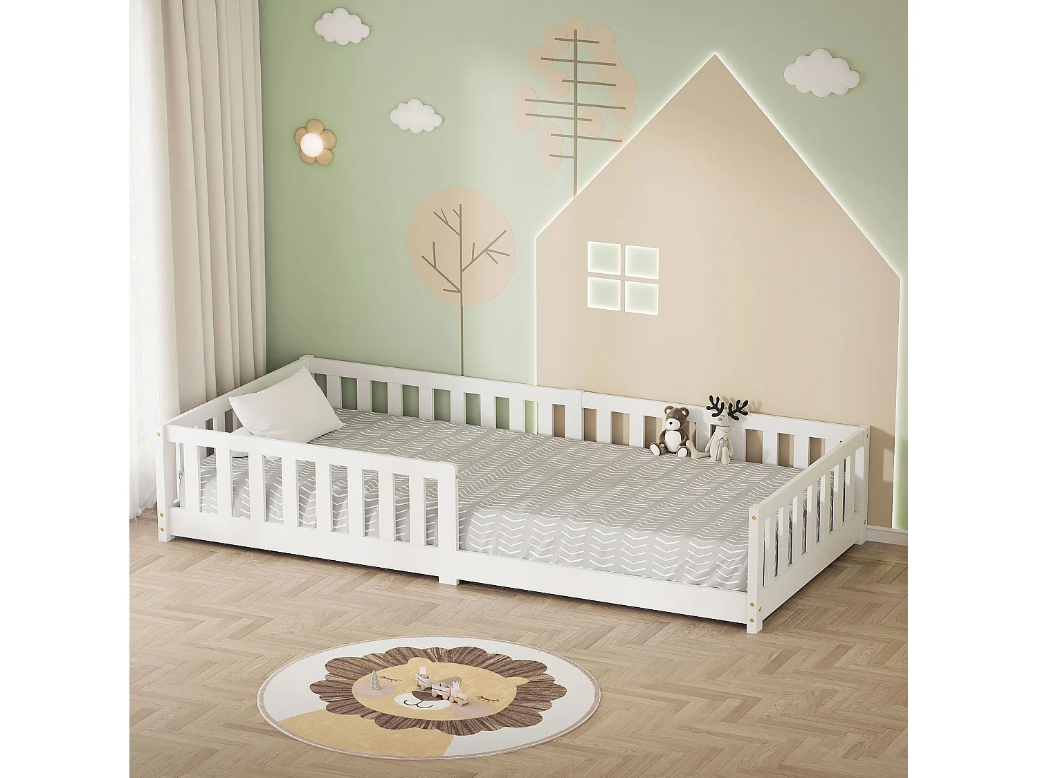 ML-Design Letto per bambini e bambine 90x200 cm, bianco, in legno di pino, con protezione anticaduta, giroletto a terra per ragazzi, lettino basso