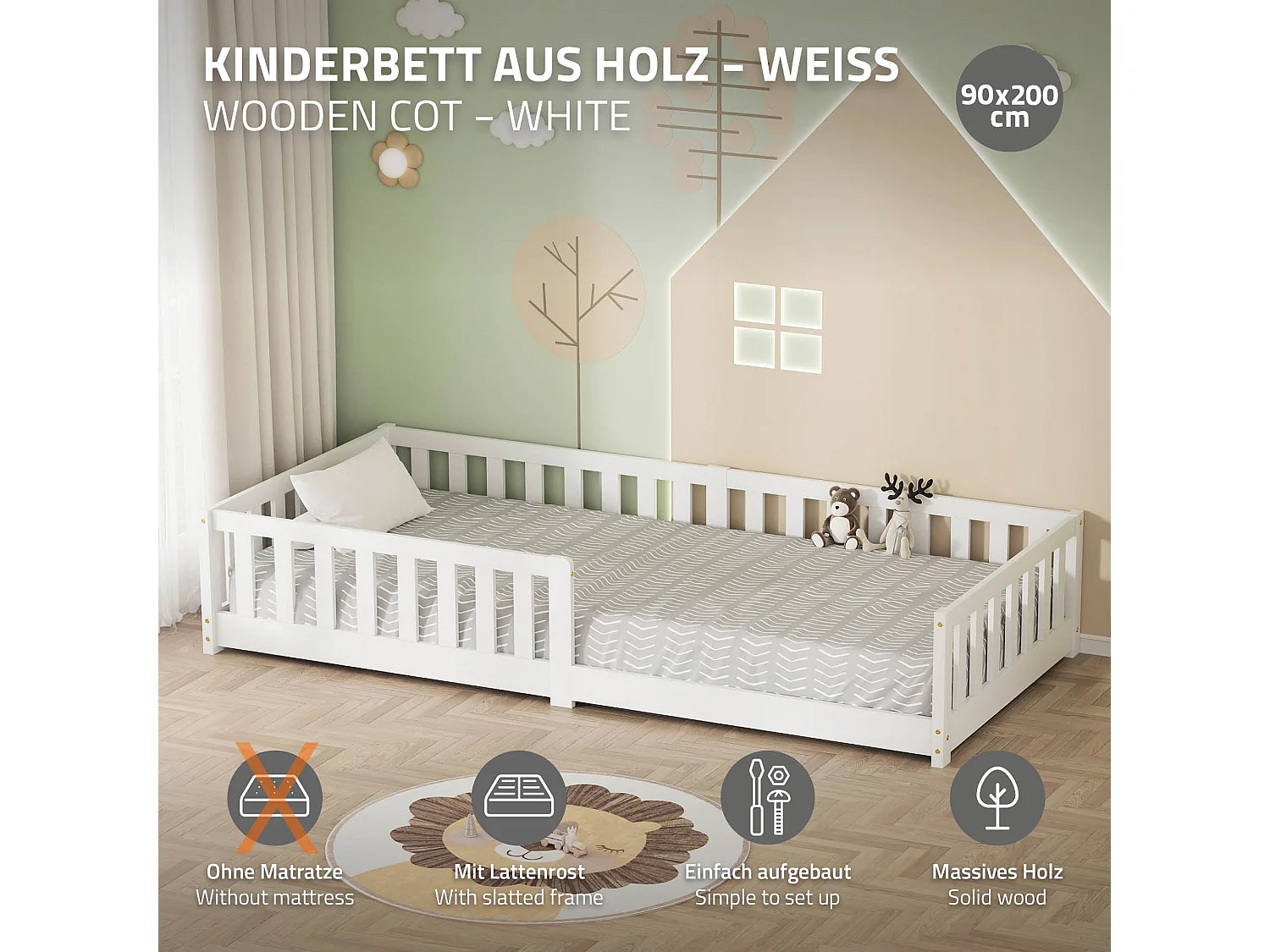 ML-Design Letto per bambini e bambine 90x200 cm, bianco, in legno di pino, con protezione anticaduta, giroletto a terra per ragazzi, lettino basso