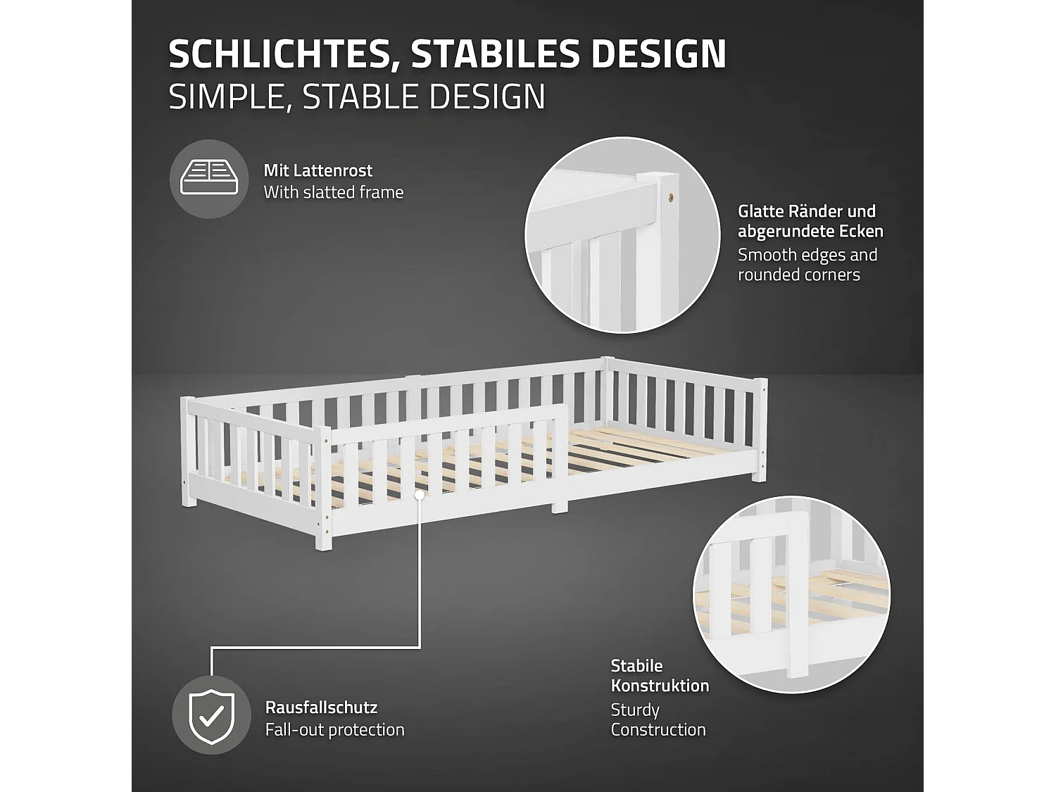 ML-Design Letto per bambini e bambine 90x200 cm, bianco, in legno di pino, con protezione anticaduta, giroletto a terra per ragazzi, lettino basso
