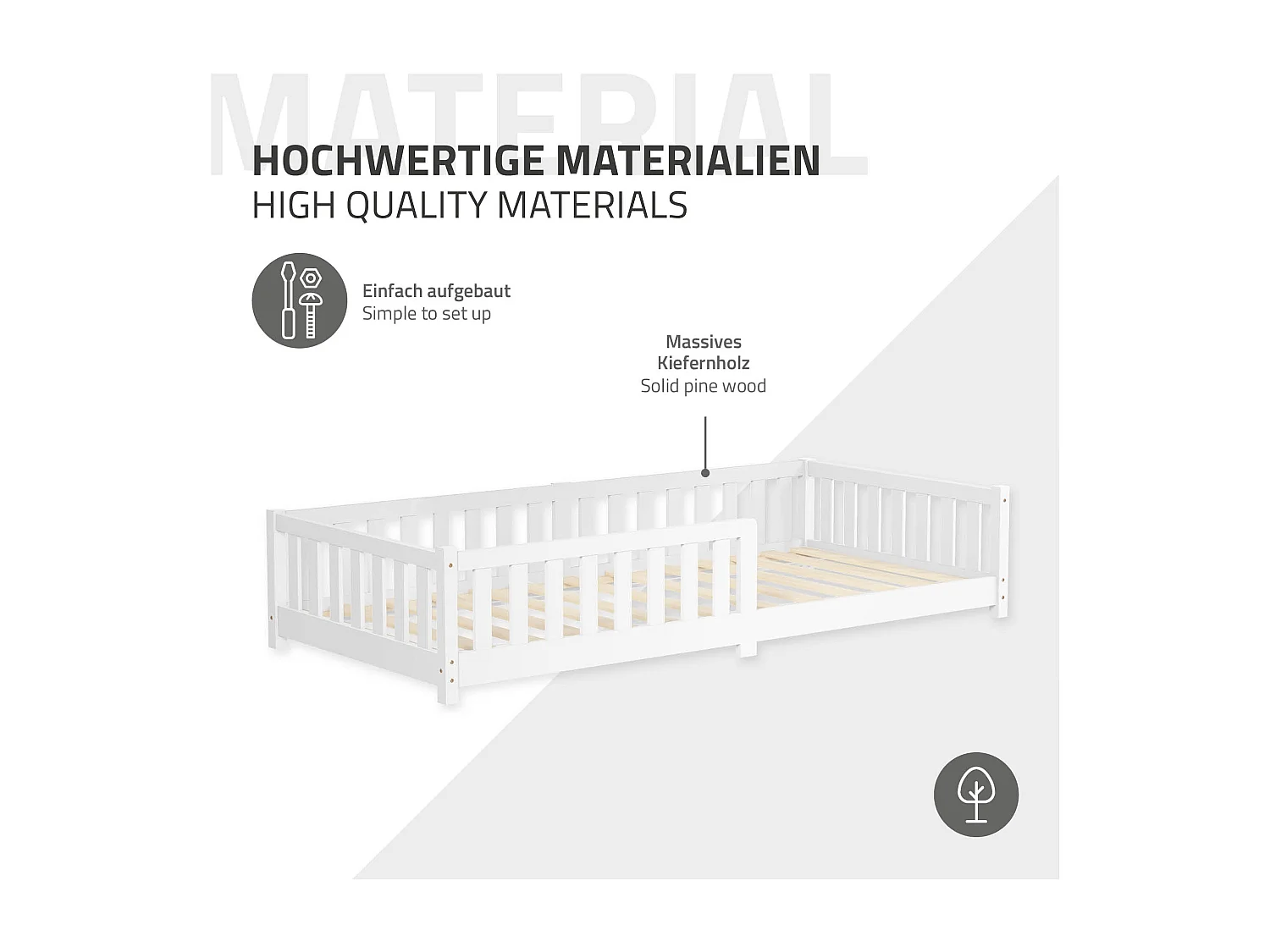 ML-Design Letto per bambini e bambine 90x200 cm, bianco, in legno di pino, con protezione anticaduta, giroletto a terra per ragazzi, lettino basso