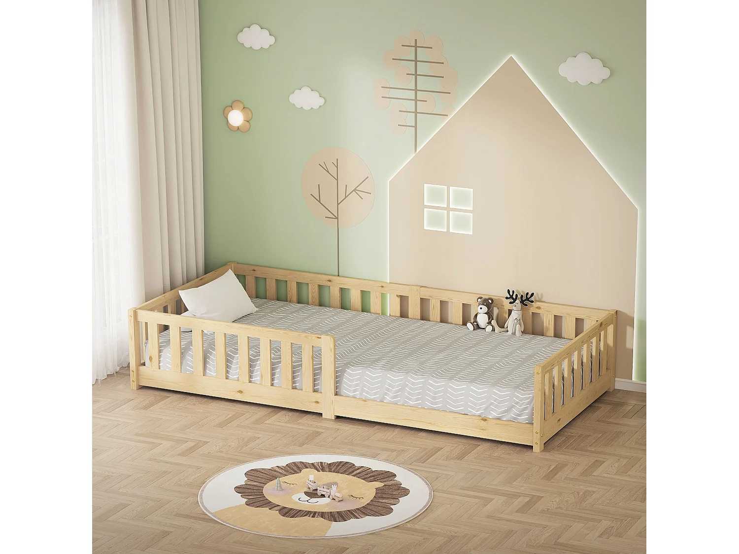 ML-Design Letto per bambini e bambine 90x200 cm, naturale, in legno di pino, con protezione anticaduta, giroletto a terra per ragazzi, lettino basso