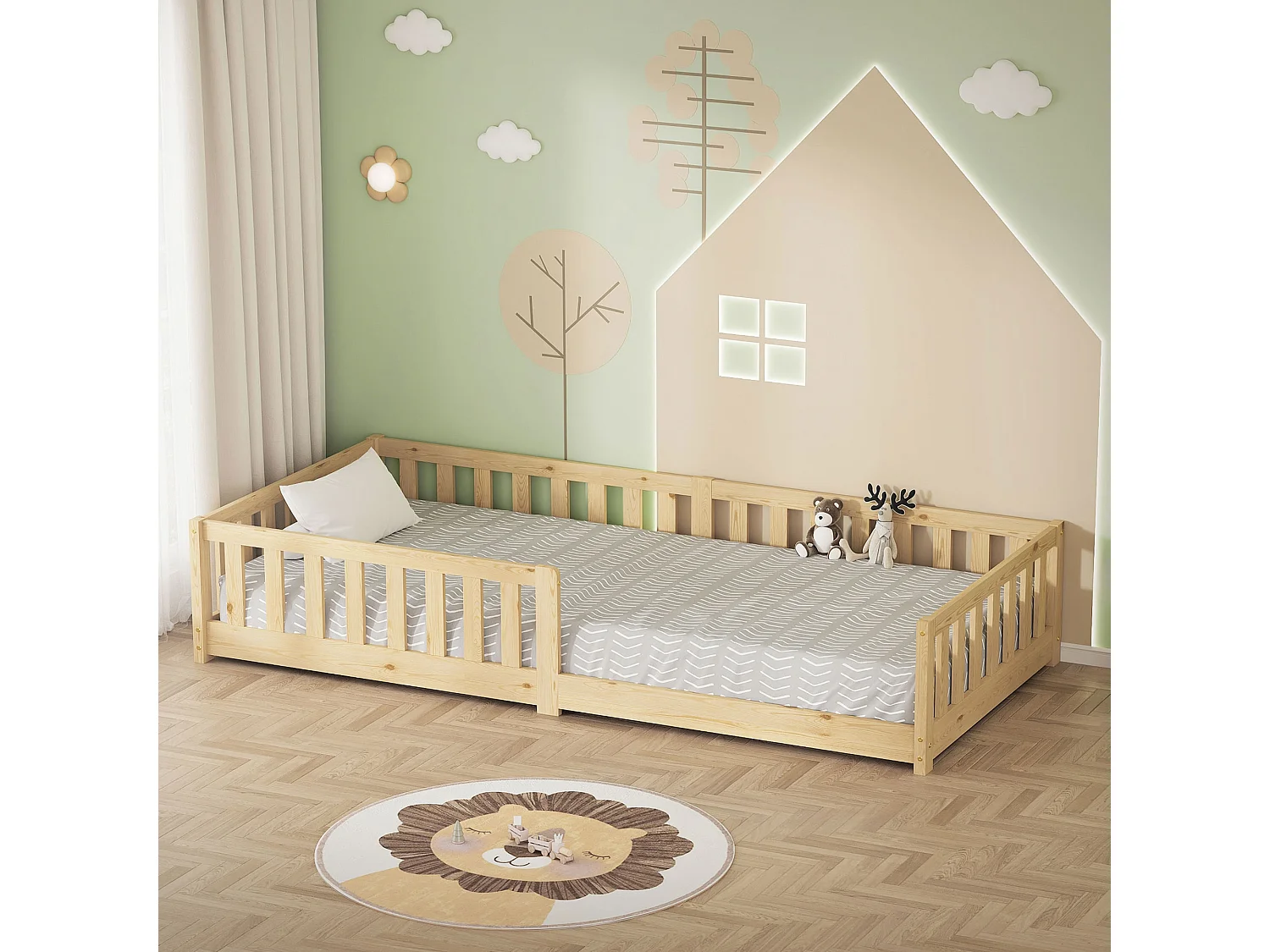 ML-Design Letto per bambini e bambine 90x200 cm, naturale, in legno di pino, con protezione anticaduta, giroletto a terra per ragazzi, lettino basso