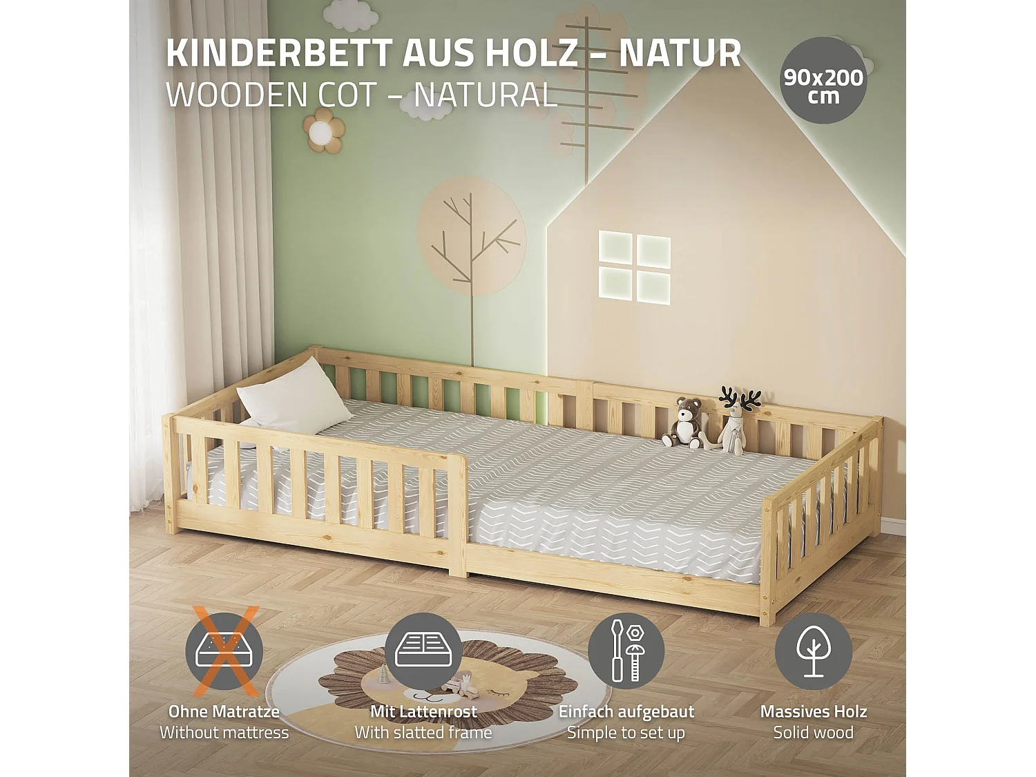 ML-Design Letto per bambini e bambine 90x200 cm, naturale, in legno di pino, con protezione anticaduta, giroletto a terra per ragazzi, lettino basso