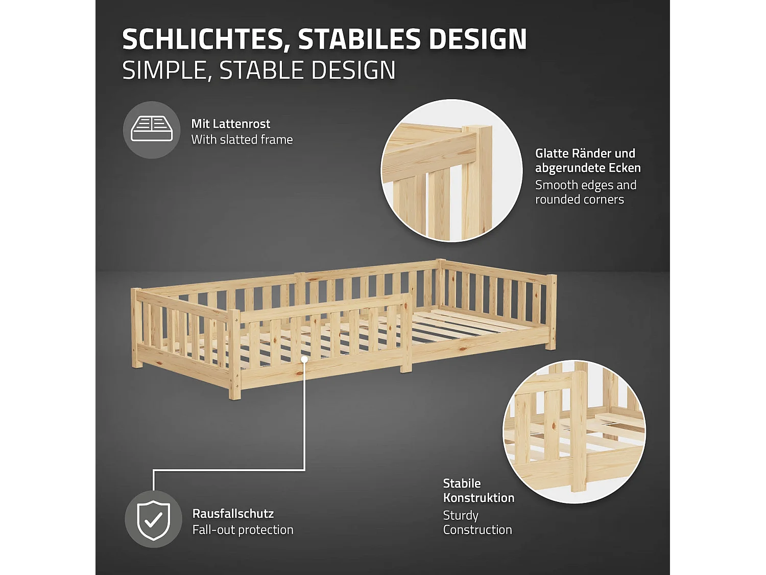 ML-Design Letto per bambini e bambine 90x200 cm, naturale, in legno di pino, con protezione anticaduta, giroletto a terra per ragazzi, lettino basso