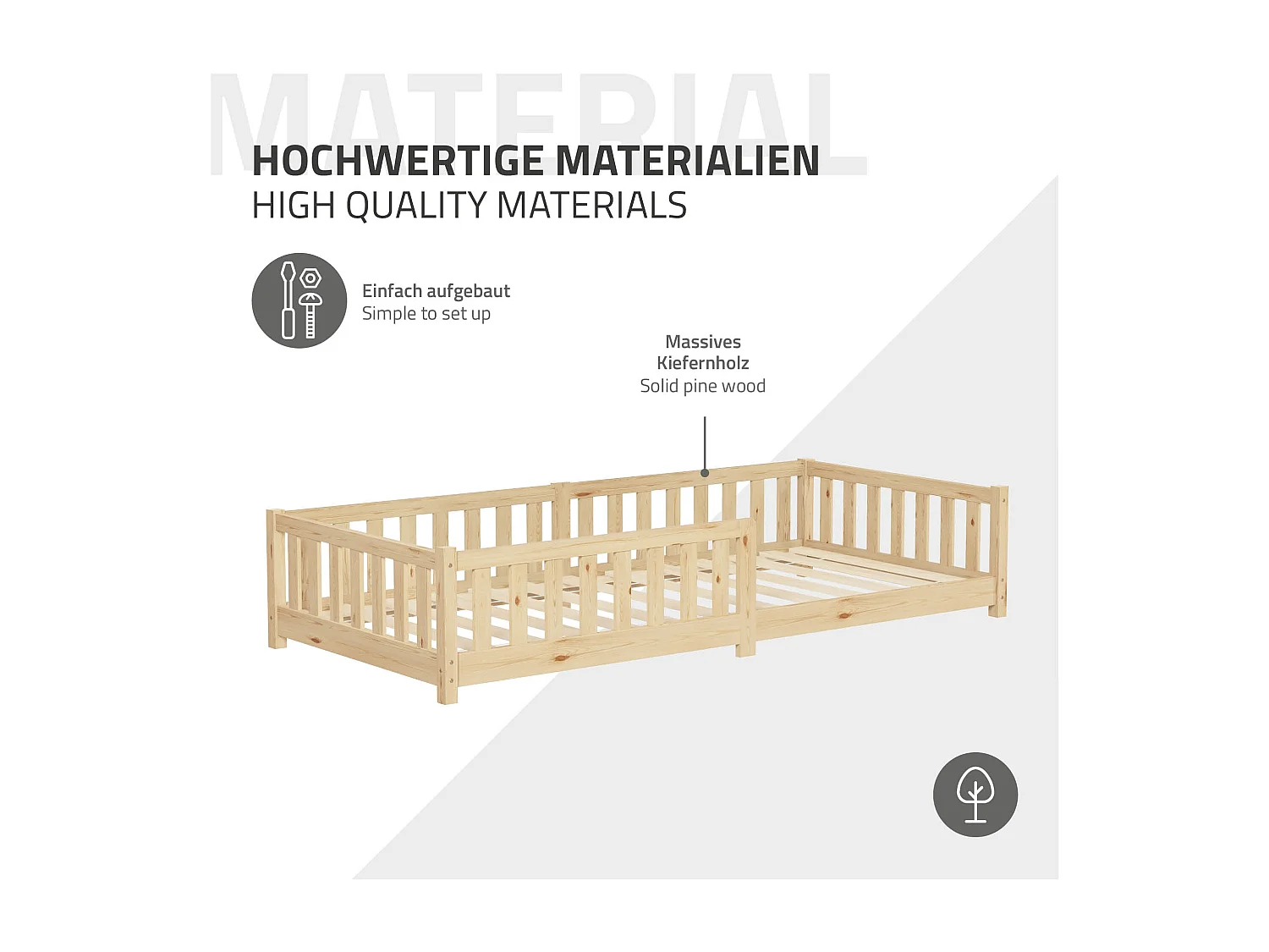 ML-Design Letto per bambini e bambine 90x200 cm, naturale, in legno di pino, con protezione anticaduta, giroletto a terra per ragazzi, lettino basso