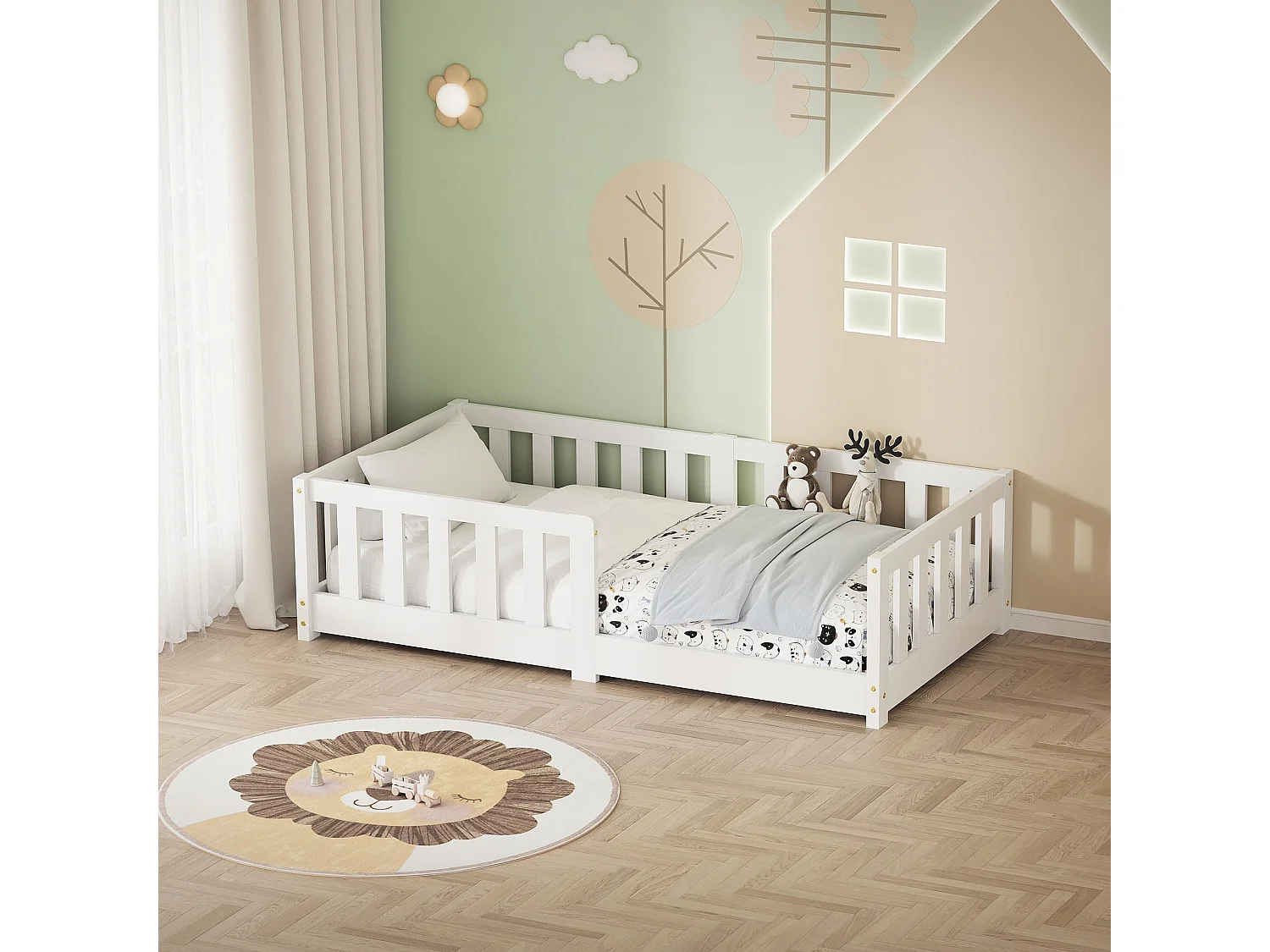 ML-Design Letto per bambini e bambine 70x140 cm, bianco, in legno di pino, con protezione anticaduta, giroletto a terra per bimbi, lettino basso