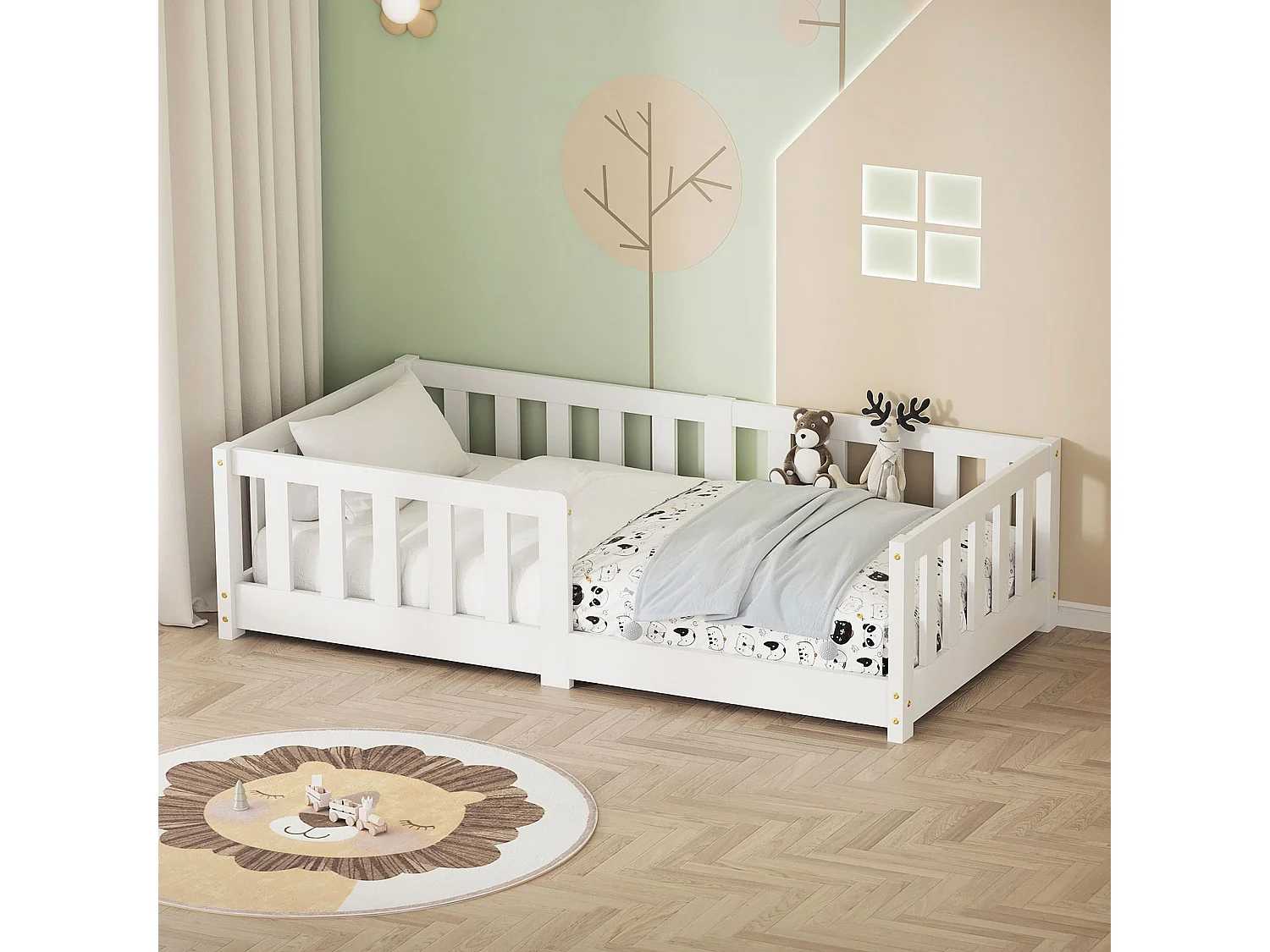 ML-Design Letto per bambini e bambine 70x140 cm, bianco, in legno di pino, con protezione anticaduta, giroletto a terra per bimbi, lettino basso
