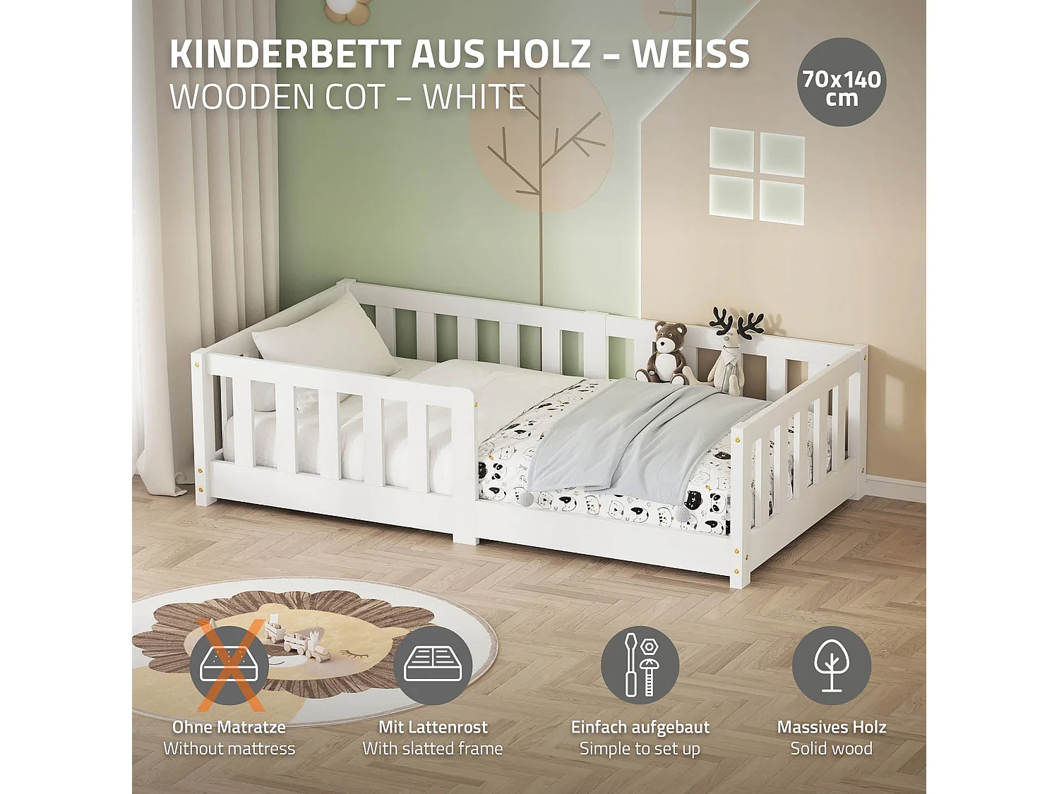 ML-Design Letto per bambini e bambine 70x140 cm, bianco, in legno di pino, con protezione anticaduta, giroletto a terra per bimbi, lettino basso