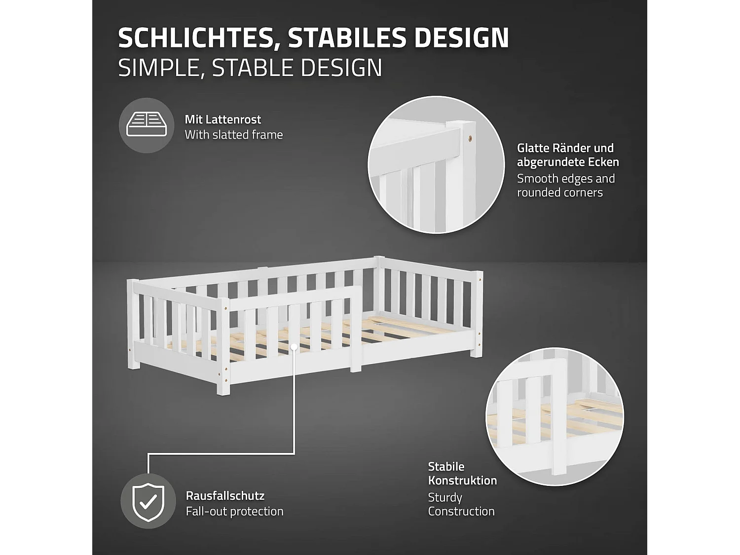ML-Design Letto per bambini e bambine 70x140 cm, bianco, in legno di pino, con protezione anticaduta, giroletto a terra per bimbi, lettino basso