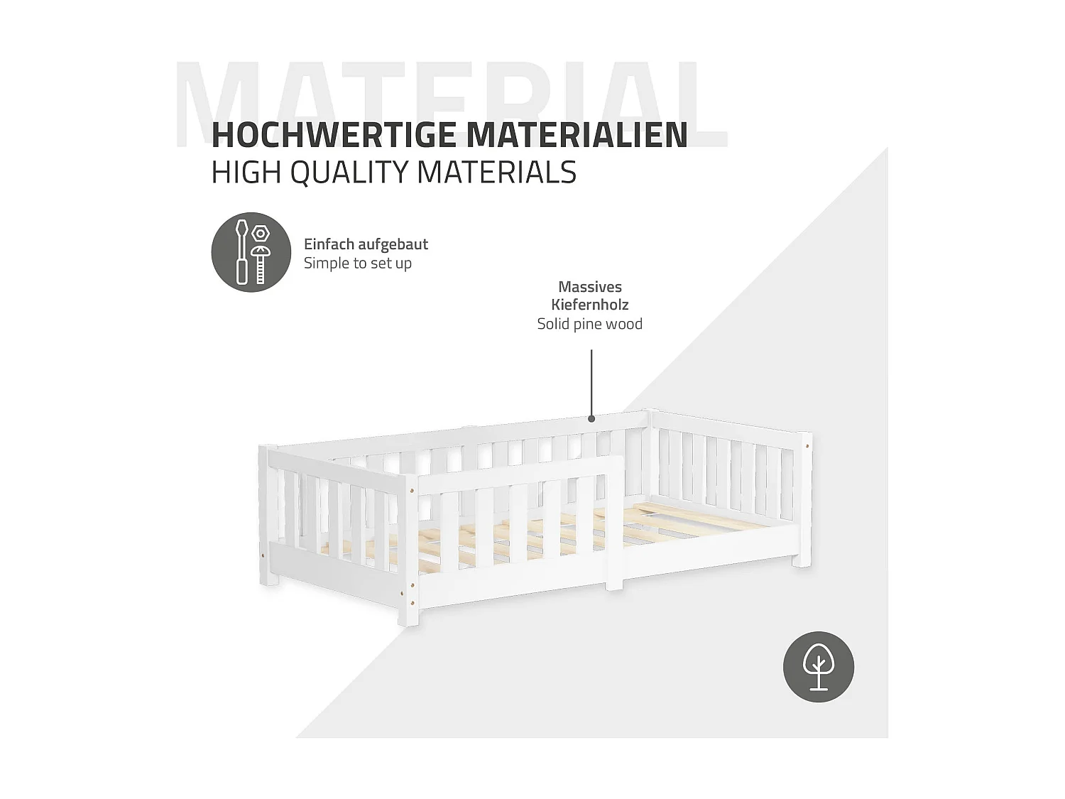 ML-Design Letto per bambini e bambine 70x140 cm, bianco, in legno di pino, con protezione anticaduta, giroletto a terra per bimbi, lettino basso