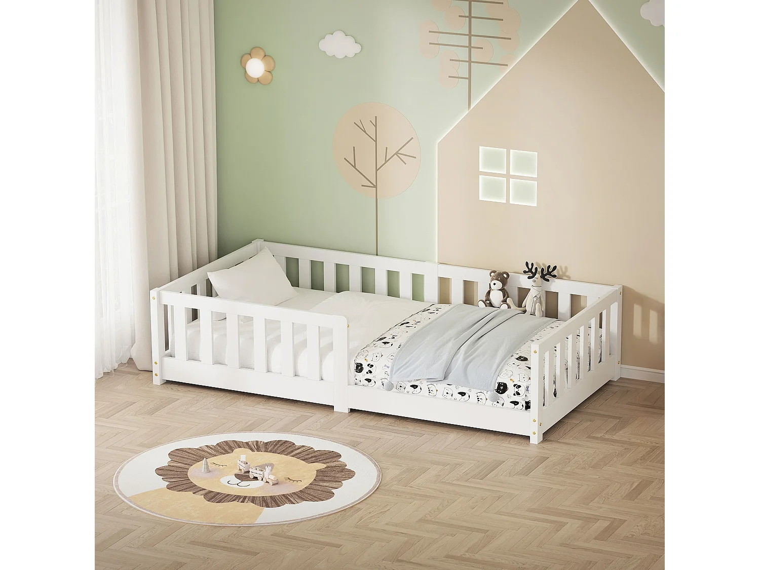 ML-Design Letto per bambini e bambine 80x160 cm, bianco, in legno di pino, con protezione anticaduta, giroletto a terra per bimbi, lettino basso