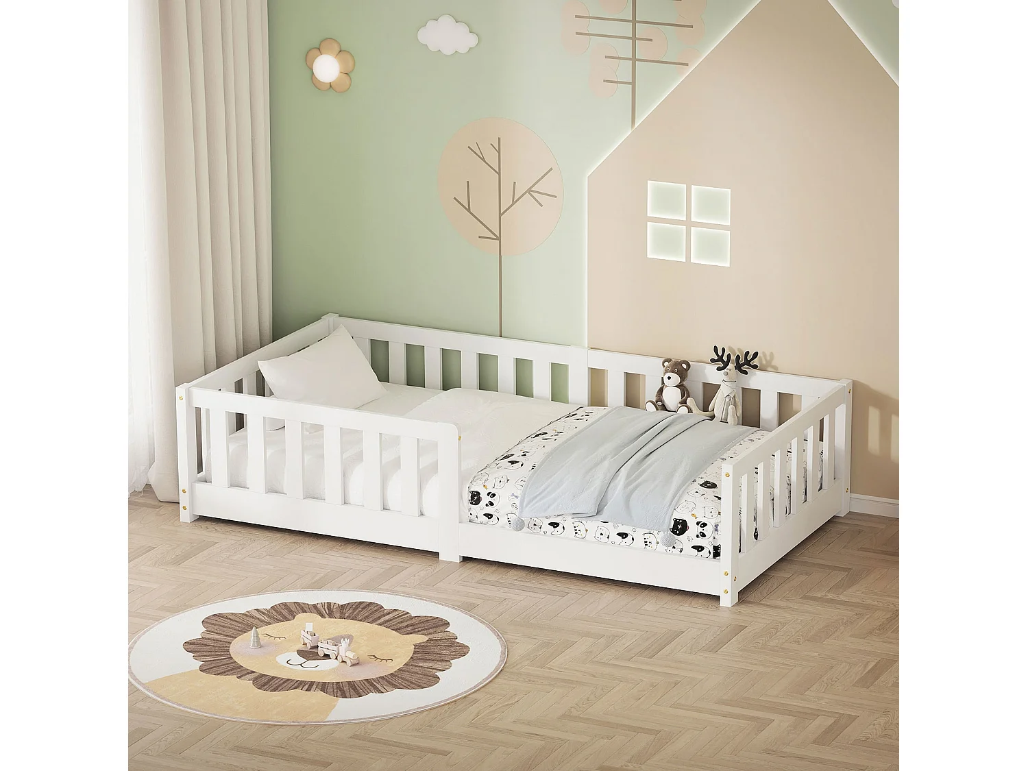 ML-Design Letto per bambini e bambine 80x160 cm, bianco, in legno di pino, con protezione anticaduta, giroletto a terra per bimbi, lettino basso