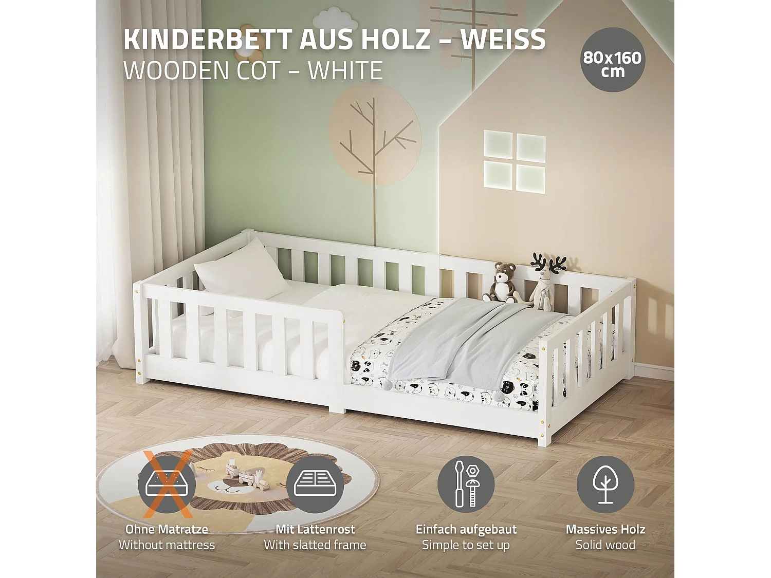 ML-Design Letto per bambini e bambine 80x160 cm, bianco, in legno di pino, con protezione anticaduta, giroletto a terra per bimbi, lettino basso