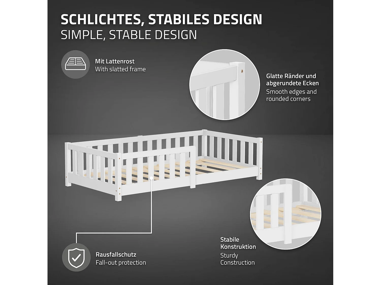 ML-Design Letto per bambini e bambine 80x160 cm, bianco, in legno di pino, con protezione anticaduta, giroletto a terra per bimbi, lettino basso