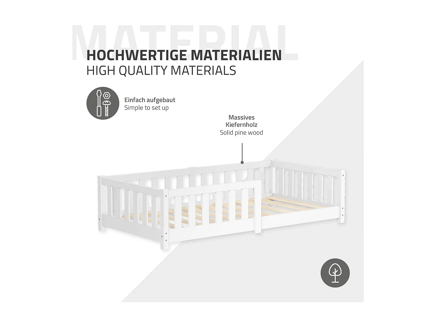 ML-Design Letto per bambini e bambine 80x160 cm, bianco, in legno di pino, con protezione anticaduta, giroletto a terra per bimbi, lettino basso