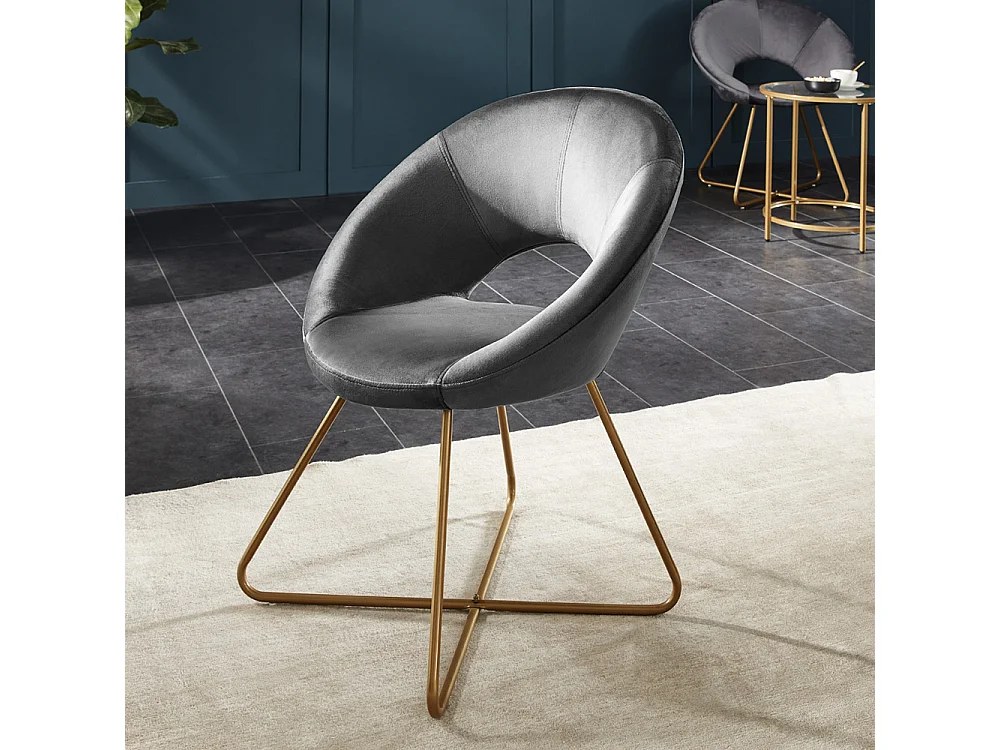 Chaise design SELESA velours gris avec accoudoirs, structure métal doré, confort dossier arrondi, 120 kg