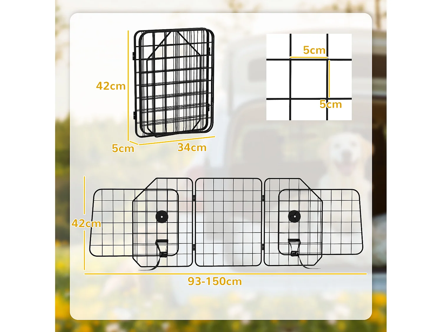 Grille de séparation voiture pour chien pliable réglable 93-150L cm universelle pour appui-tête noir