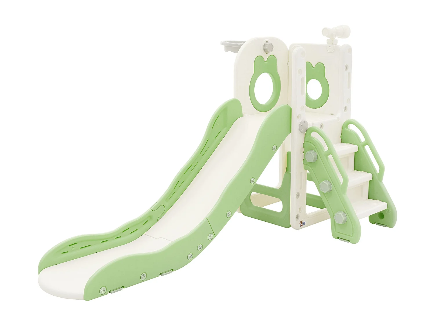 Toboggan 3en1 blanc-vert pour enfants structure de jeu en plastique avec panier de basket et échelle sûre jouet d’activité pour tout-petits dès 3 ans