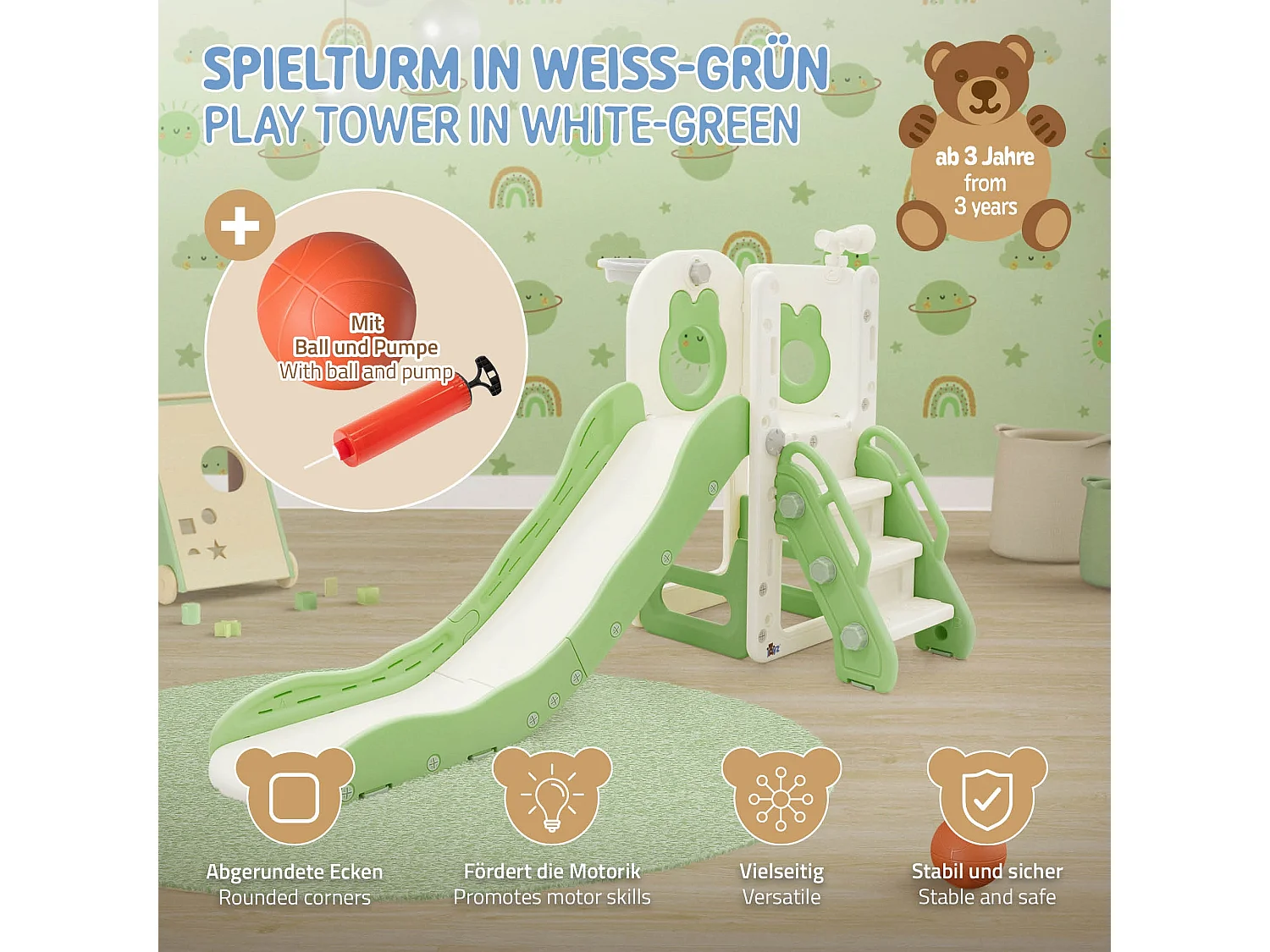 Toboggan 3en1 blanc-vert pour enfants structure de jeu en plastique avec panier de basket et échelle sûre jouet d’activité pour tout-petits dès 3 ans