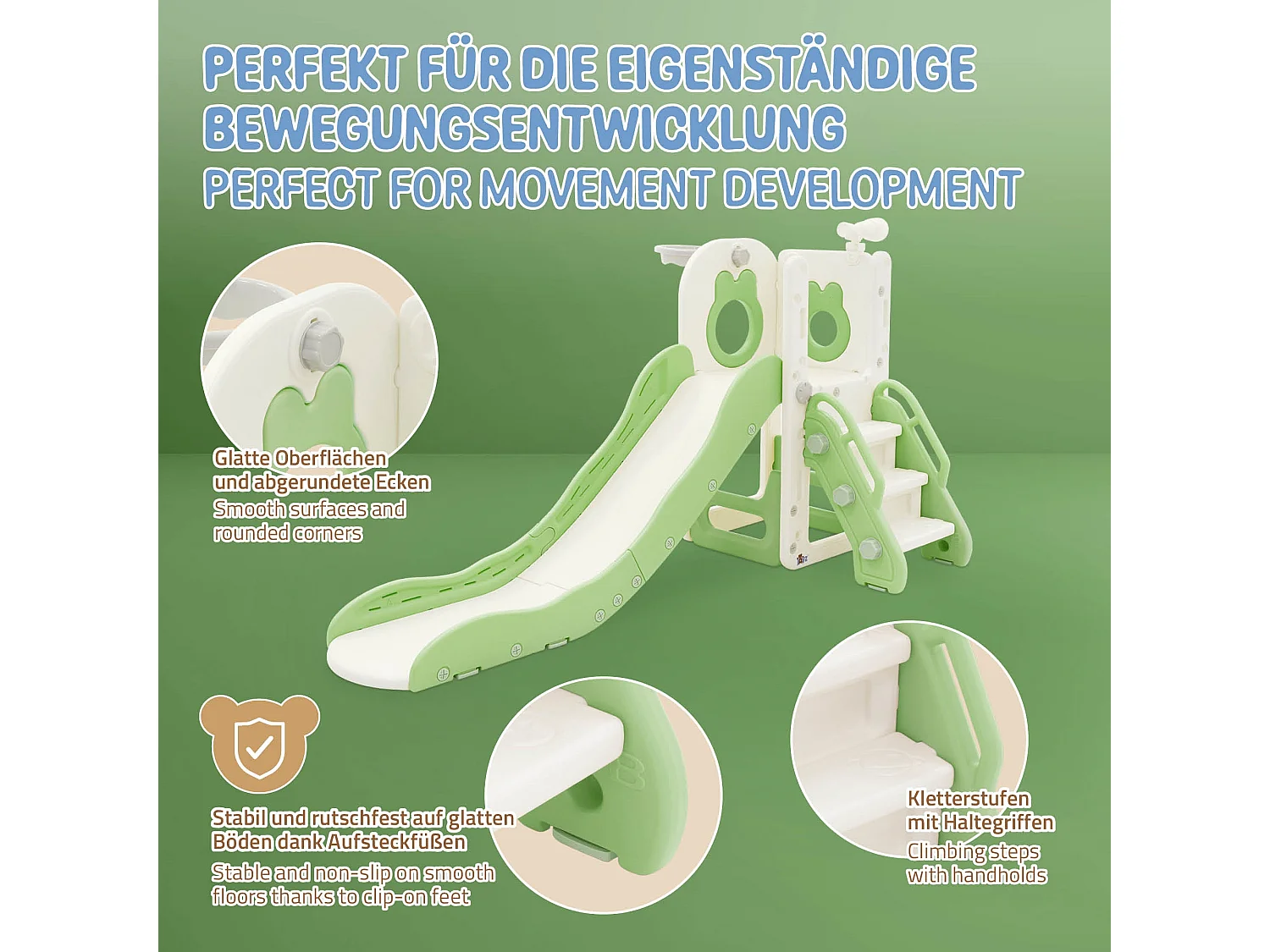 Toboggan 3en1 blanc-vert pour enfants structure de jeu en plastique avec panier de basket et échelle sûre jouet d’activité pour tout-petits dès 3 ans