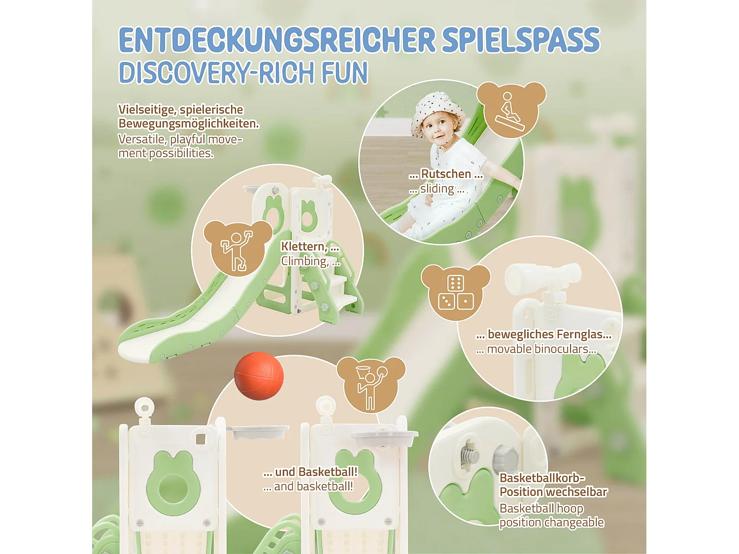 Toboggan 3en1 blanc-vert pour enfants structure de jeu en plastique avec panier de basket et échelle sûre jouet d’activité pour tout-petits dès 3 ans