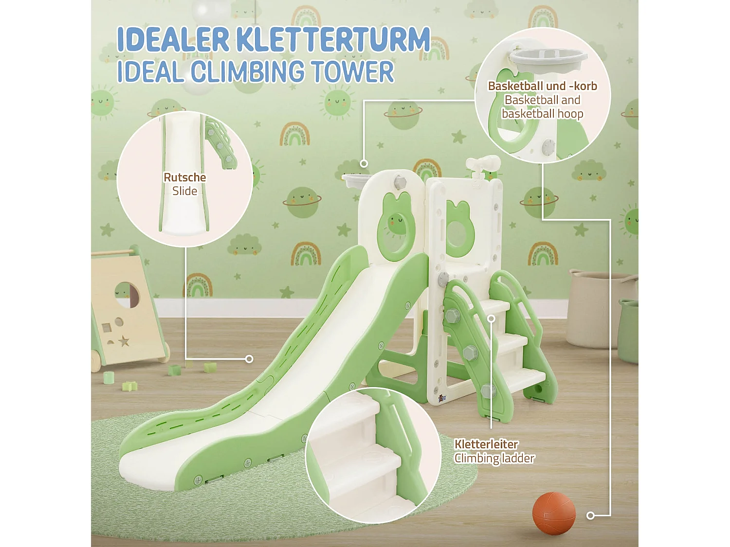 Toboggan 3en1 blanc-vert pour enfants structure de jeu en plastique avec panier de basket et échelle sûre jouet d’activité pour tout-petits dès 3 ans