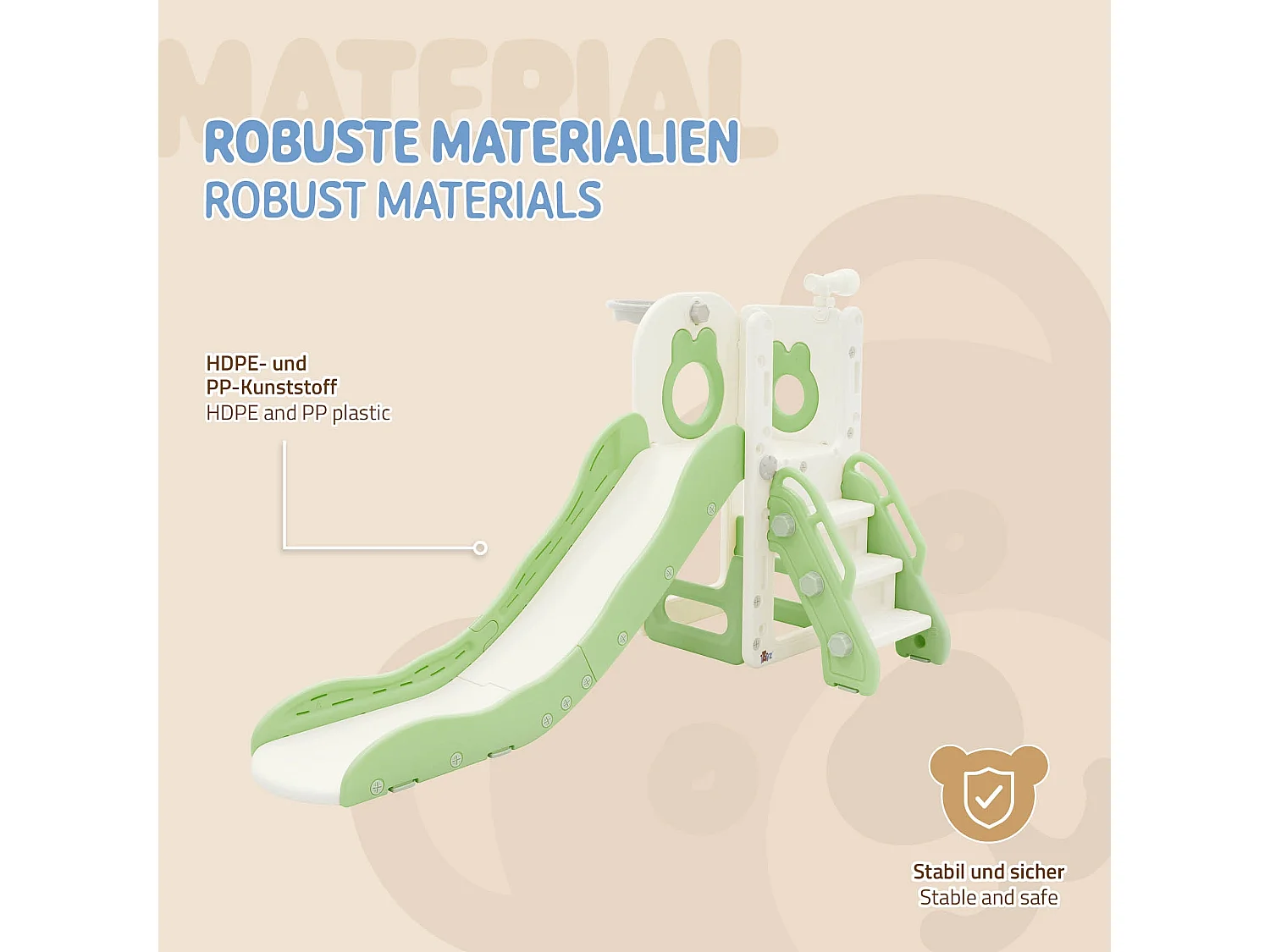 Toboggan 3en1 blanc-vert pour enfants structure de jeu en plastique avec panier de basket et échelle sûre jouet d’activité pour tout-petits dès 3 ans