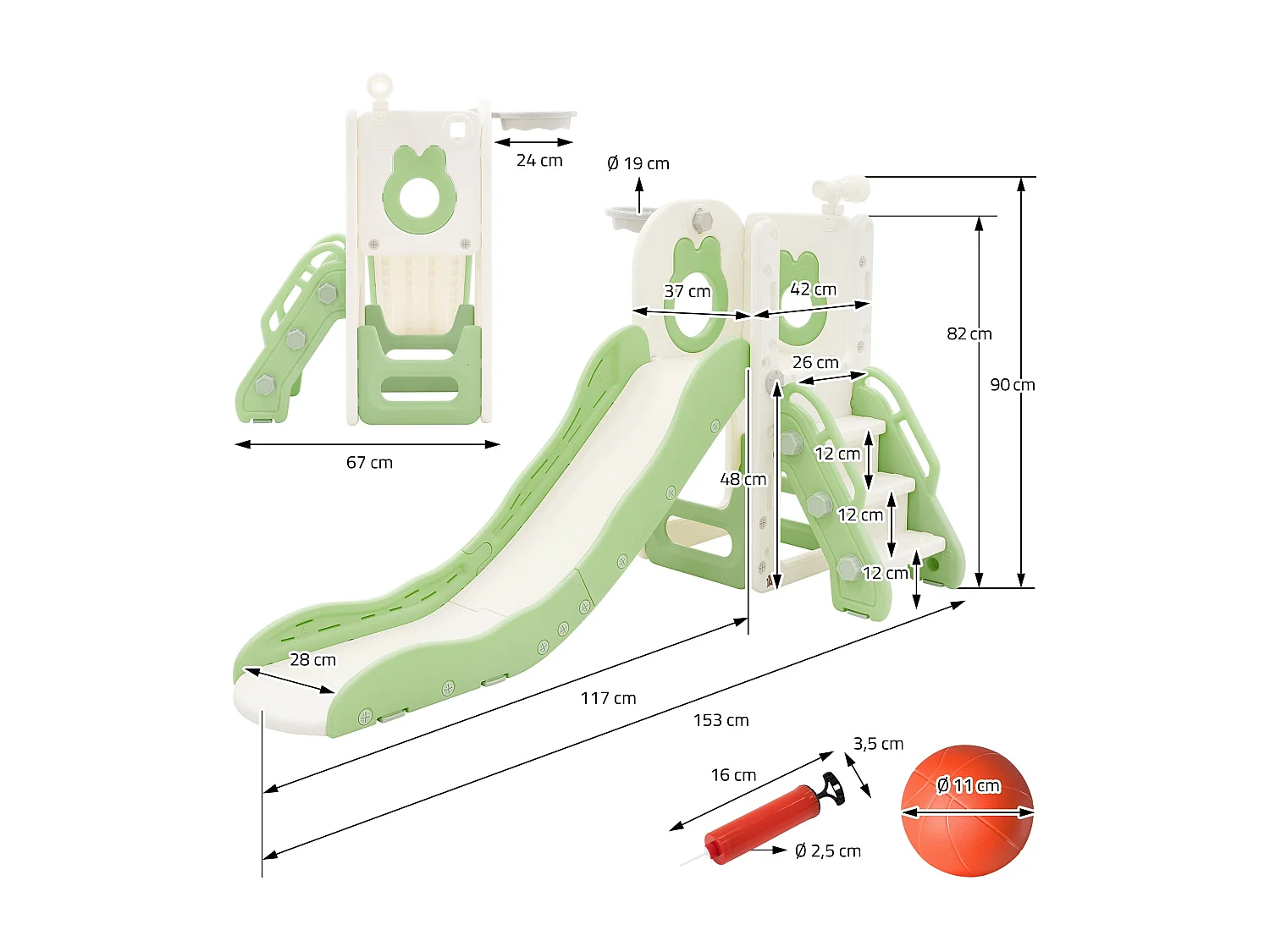 Toboggan 3en1 blanc-vert pour enfants structure de jeu en plastique avec panier de basket et échelle sûre jouet d’activité pour tout-petits dès 3 ans