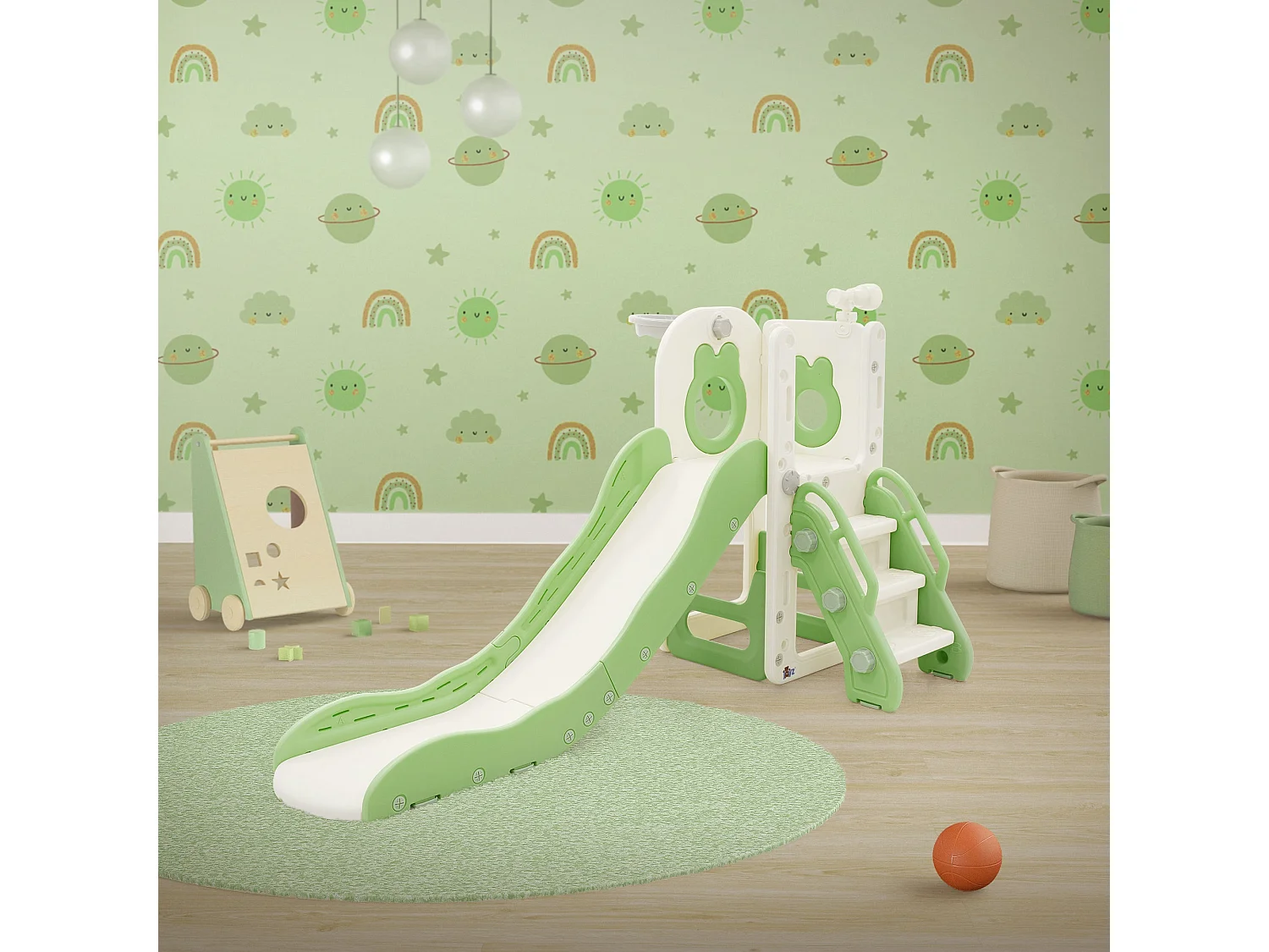 Toboggan 3en1 blanc-vert pour enfants structure de jeu en plastique avec panier de basket et échelle sûre jouet d’activité pour tout-petits dès 3 ans