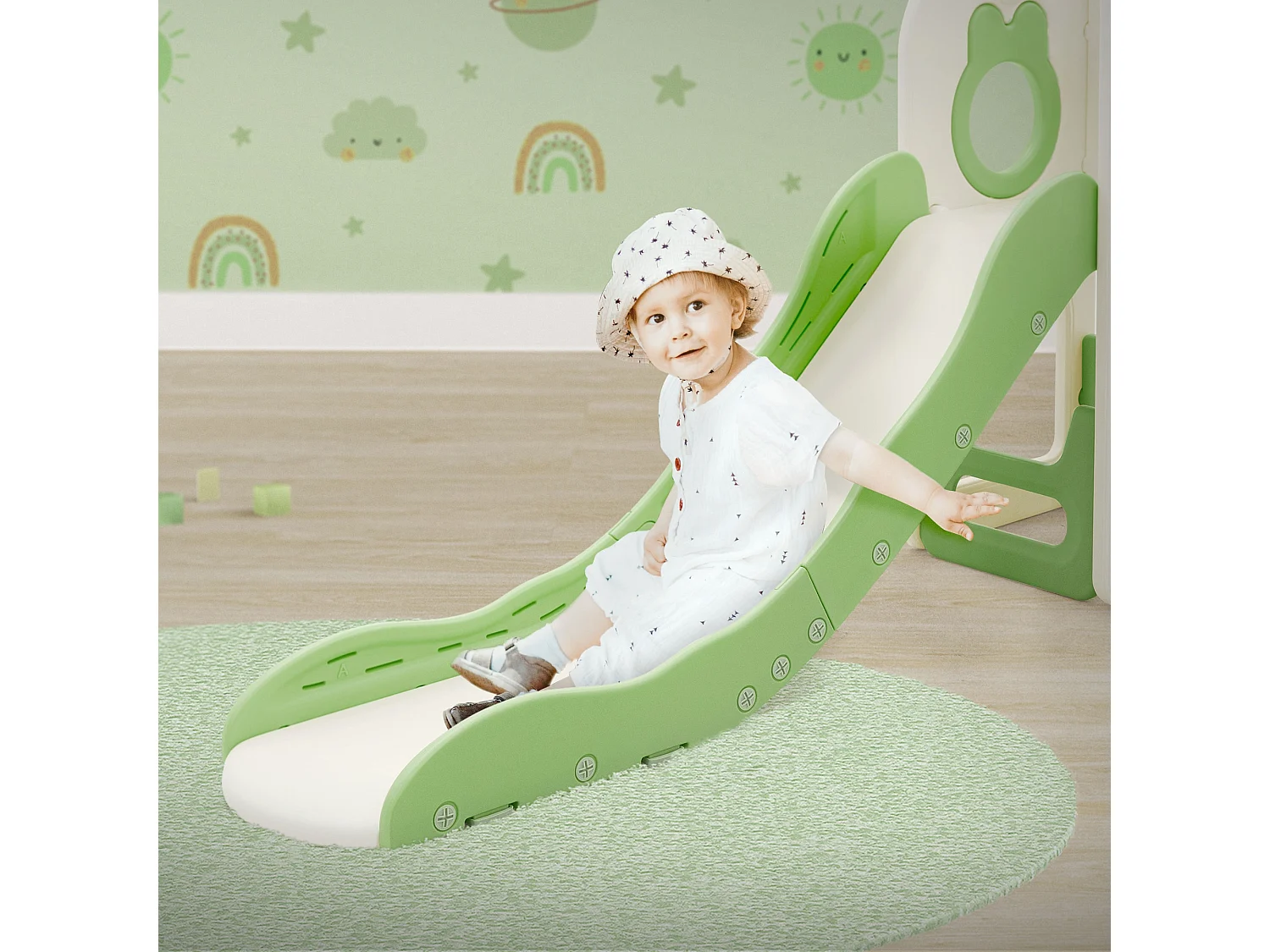 Toboggan 3en1 blanc-vert pour enfants structure de jeu en plastique avec panier de basket et échelle sûre jouet d’activité pour tout-petits dès 3 ans