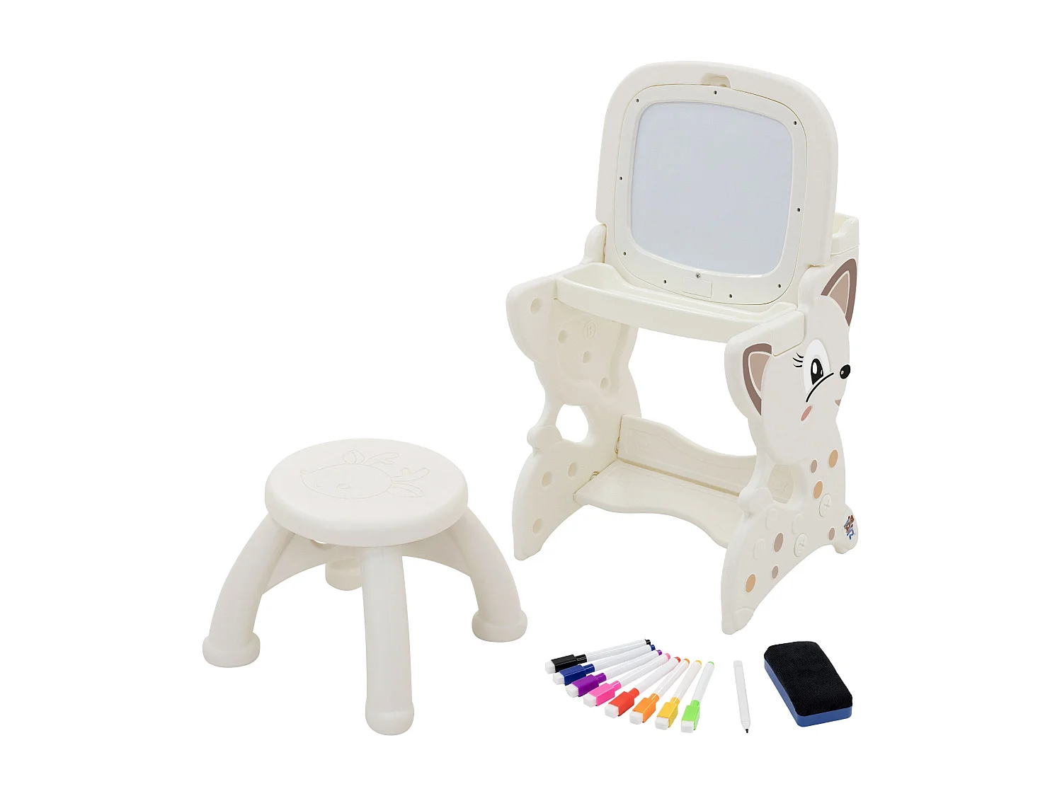 ML-Design Mesa de juegos 3 en 1 taburete infantil, caballete blanco con estante, pizarra de doble cara magnética actividades de pintura, dibujo