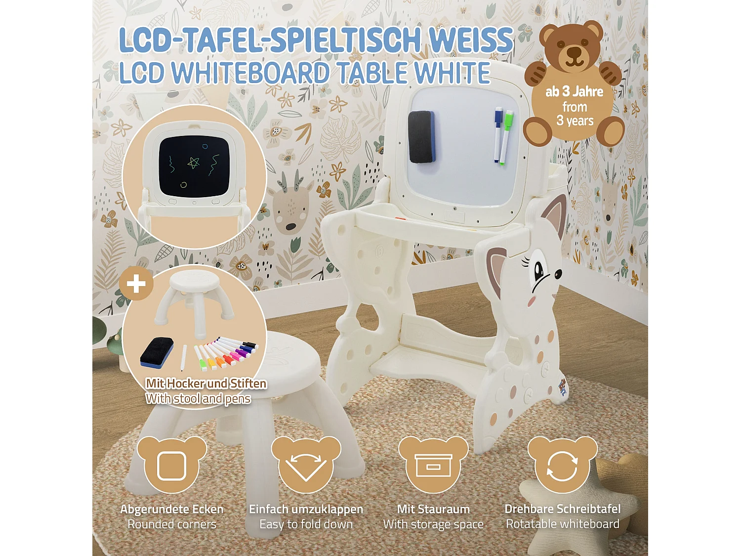 ML-Design Mesa de juegos 3 en 1 taburete infantil, caballete blanco con estante, pizarra de doble cara magnética actividades de pintura, dibujo