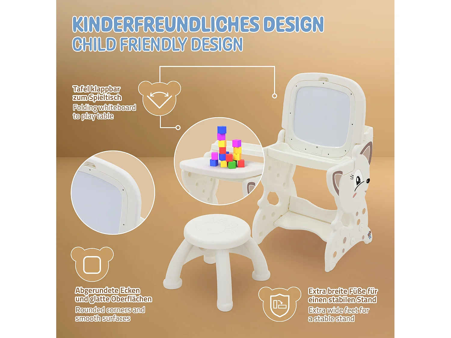 ML-Design Mesa de juegos 3 en 1 taburete infantil, caballete blanco con estante, pizarra de doble cara magnética actividades de pintura, dibujo